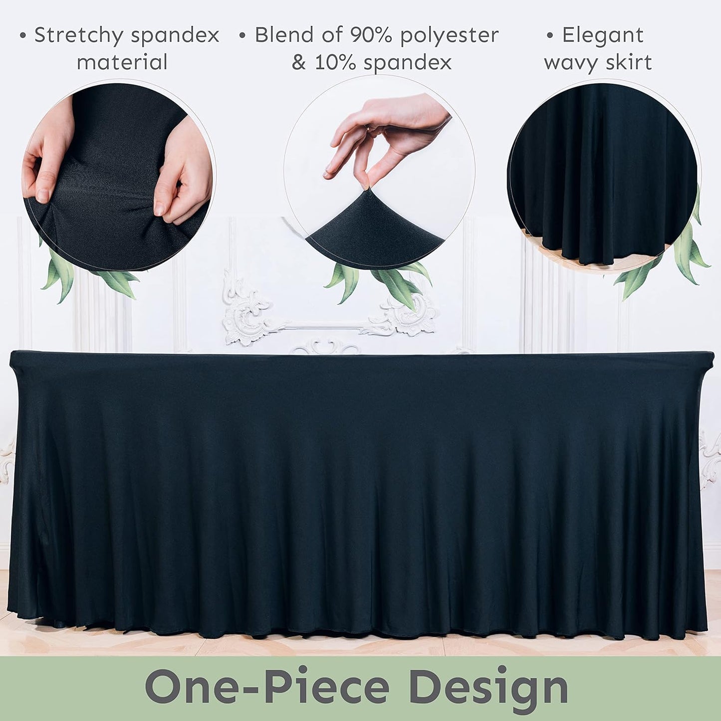 Table Skirt for Rectangular Tables 6ft - Spandex TableCovers for Standard 6 Foot Table - One Piece Fitted Elastic Tablecloth - Wrinkle Resistant Ruffles Design for Weddings, Party, Events (Black)