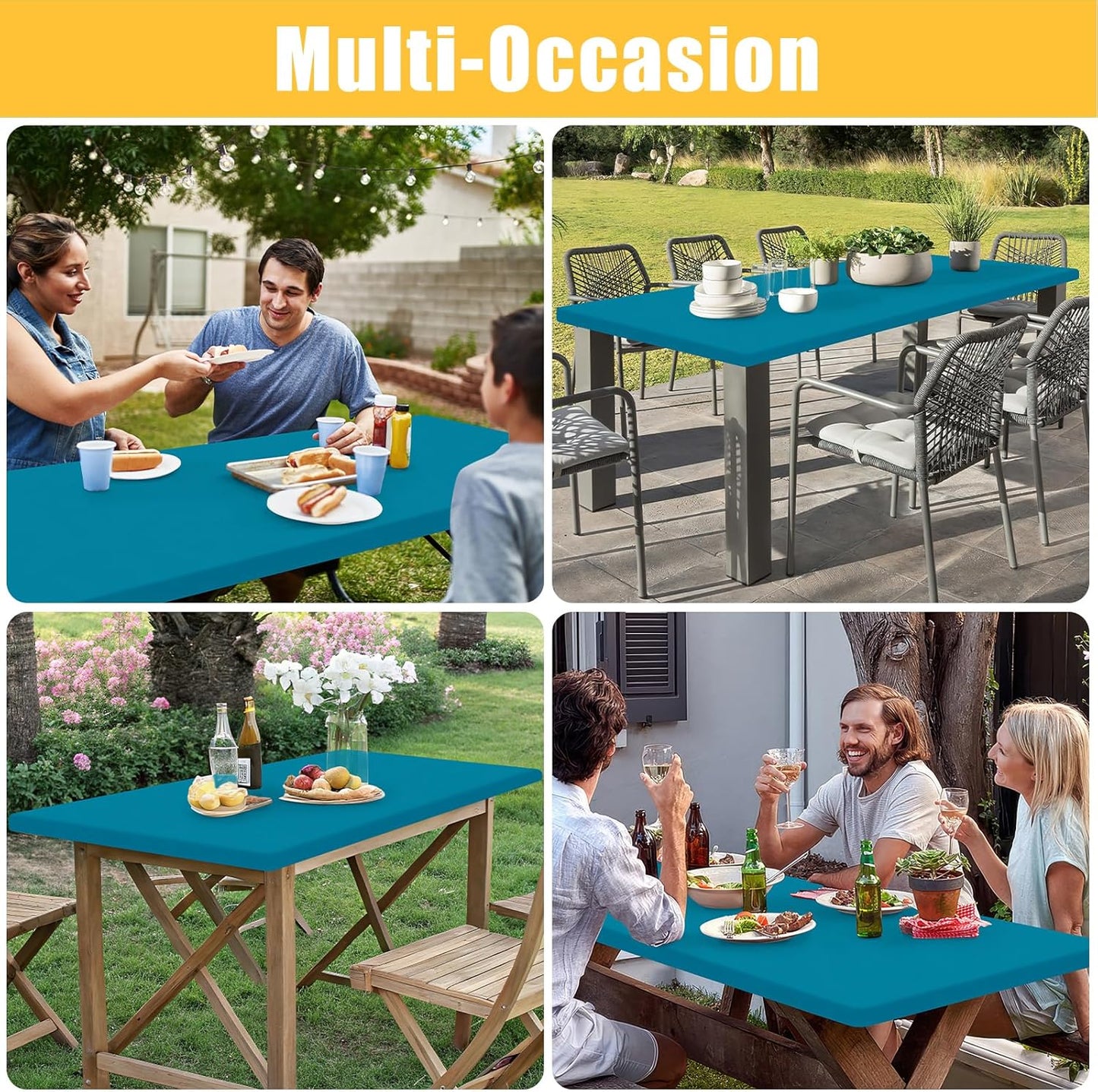 Rectangle Table Cloth, Waterproof Elastic Fitted Tablecloth for 6 Foot Folding Tables, Washable Polyester Tablecloths for Picnic, Camping, Outdoor (Teal, 30"x72")