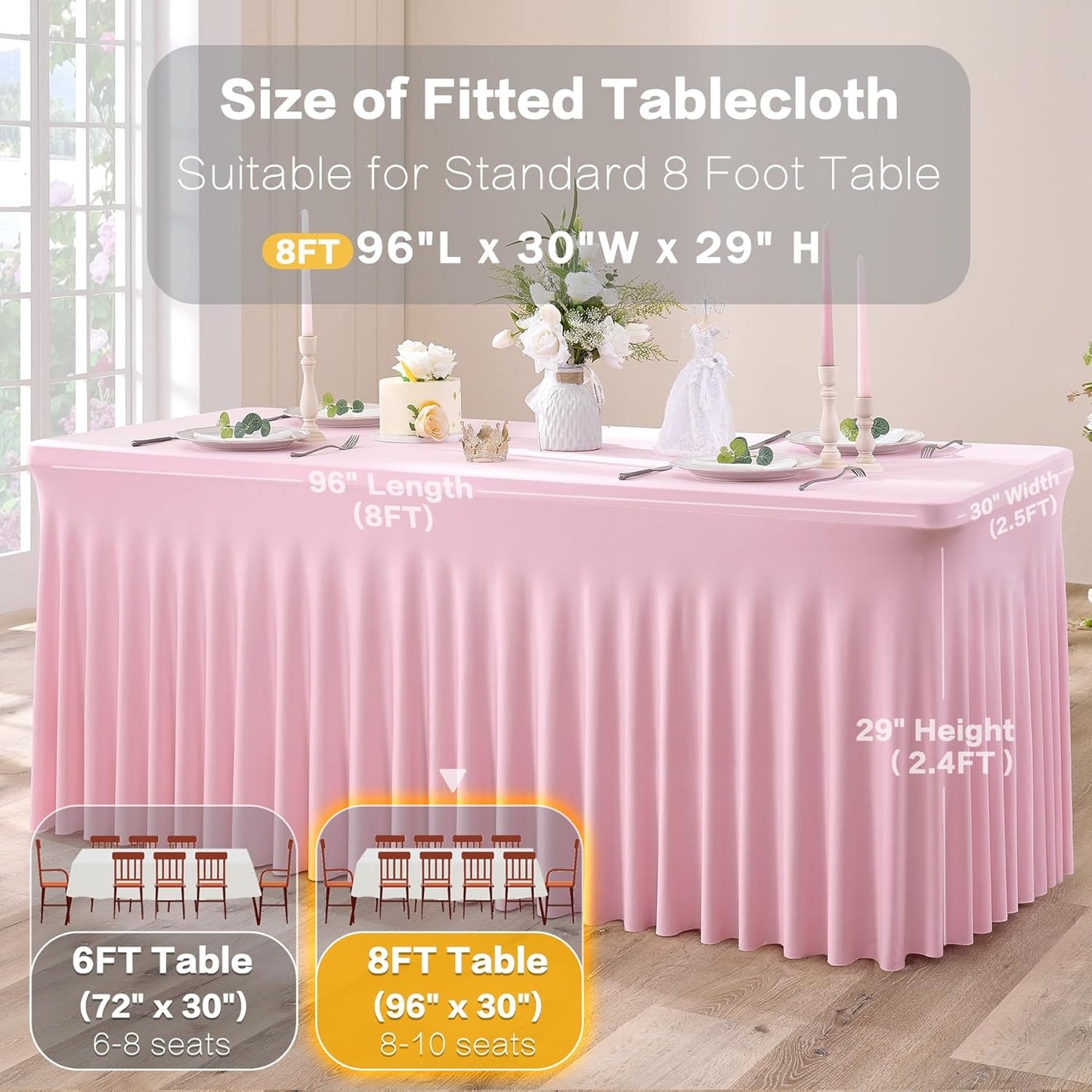 2pk Spandex Table Clothes for 8 Foot Rectangle Tables, Pink Stretch Table Cloth 8ft Fitted Tablecloths Desk Skirt for Parties Weddings Birthday Banquet Baby Shower