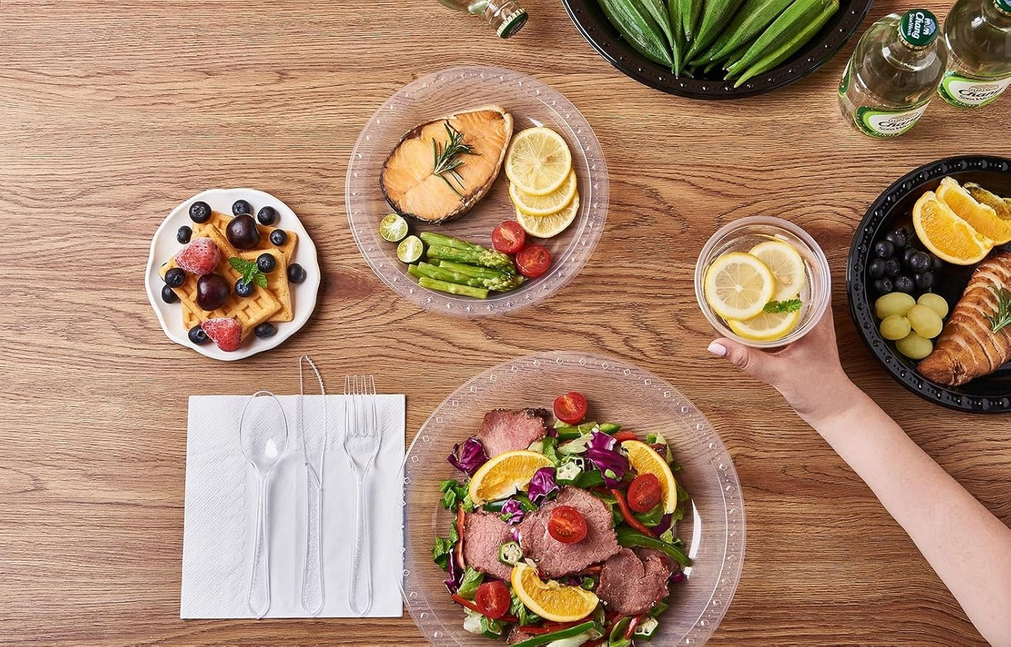 FULING 175 PCS Clear Party Supplies Disposable Dinnerware Set Plastic Plates and Paper Napkins Cups Silverware Serve 25 Sets for Birthday Bridal Shower Wedding Engagement Graduation Parties