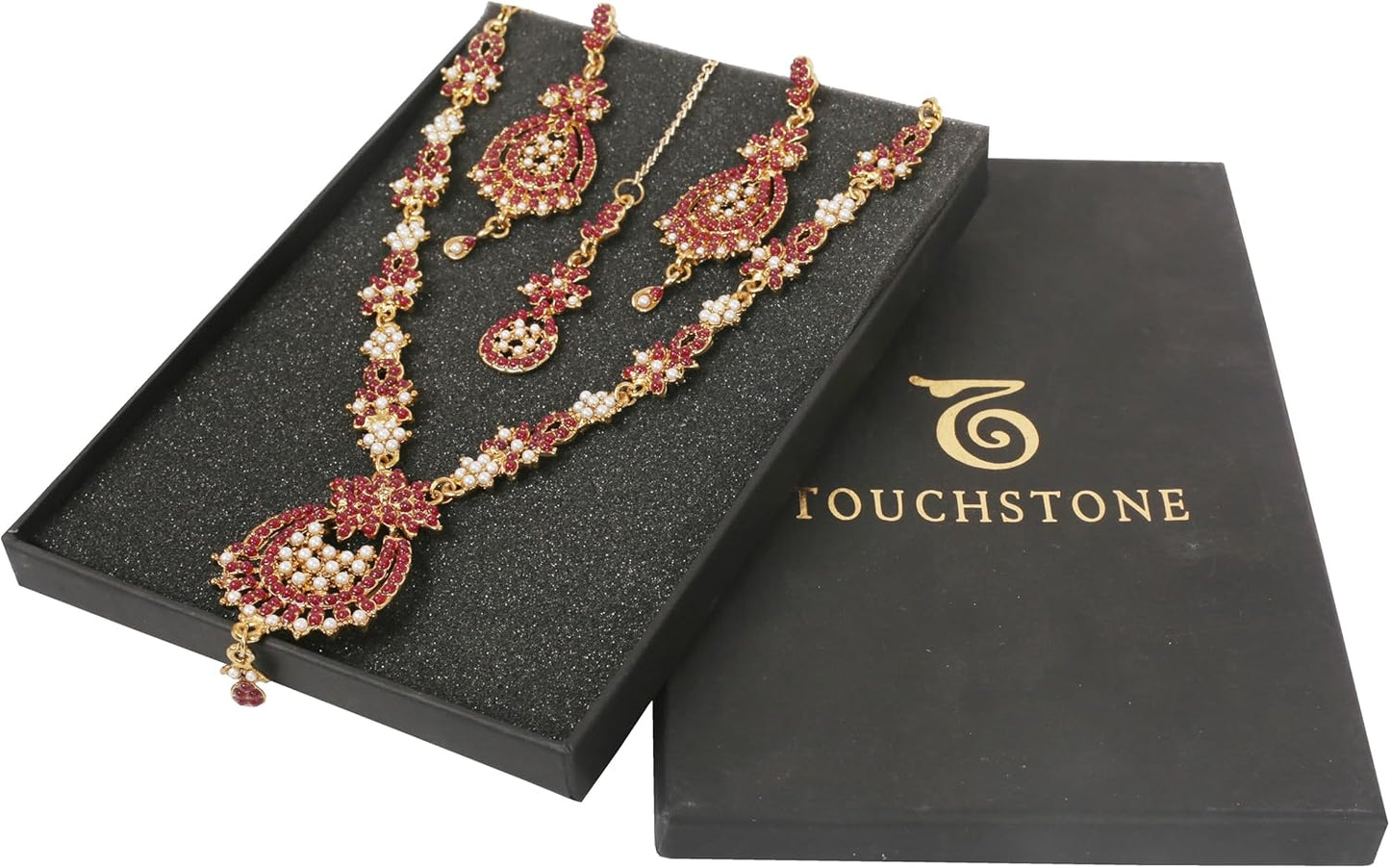Touchstone Indian jewelry sets for women maang tikka wedding guest gold necklace bollywood jewellery set pageant elegant prom bride accessories western crystal chunky rhinestone necklaces