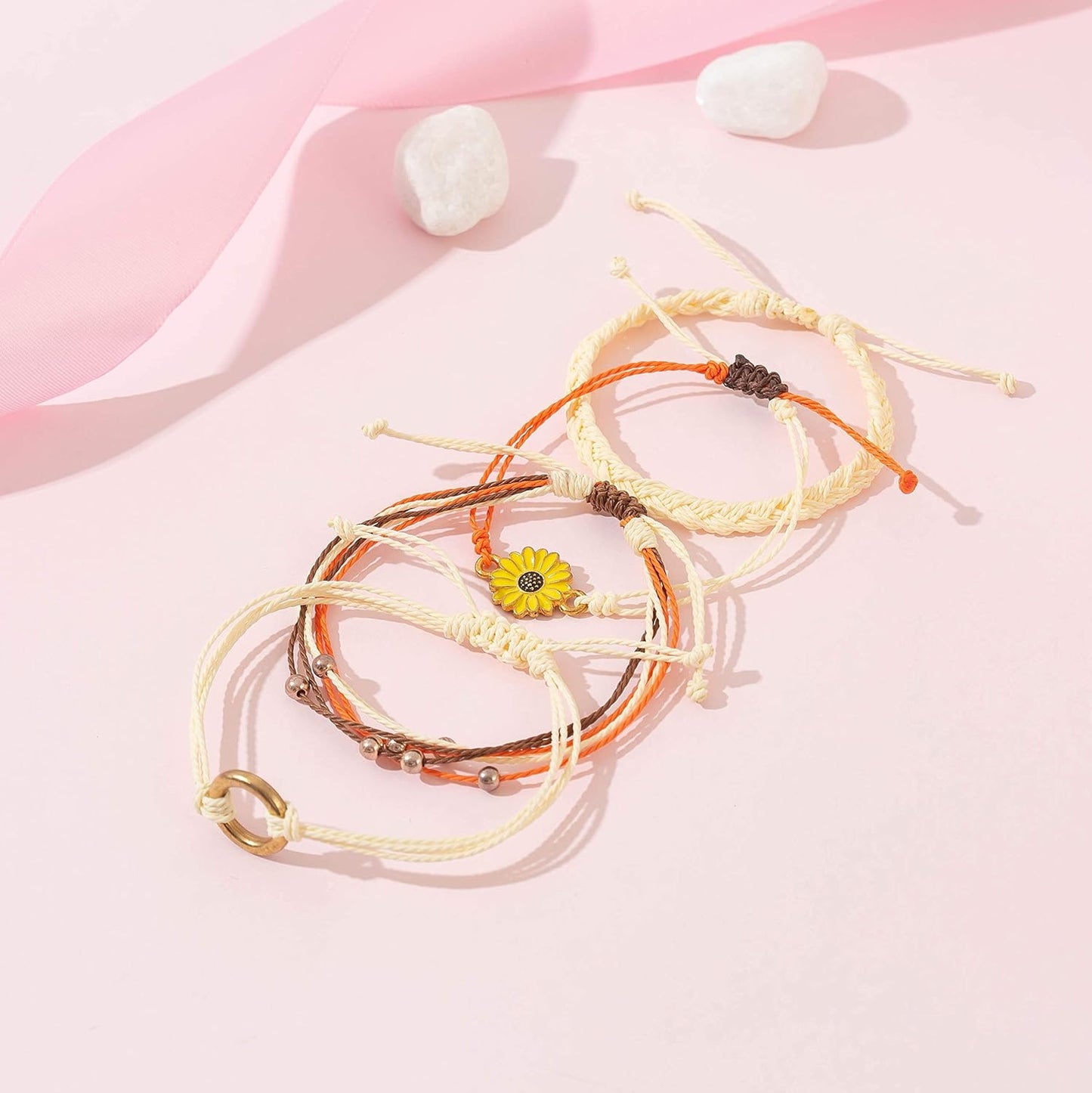 FANCY SHINY Sunflower String Bracelet Boho Braided Rope Wrap Bracelets Cute Summer Beach Surfer Jewelry for Women Christmas Gifts