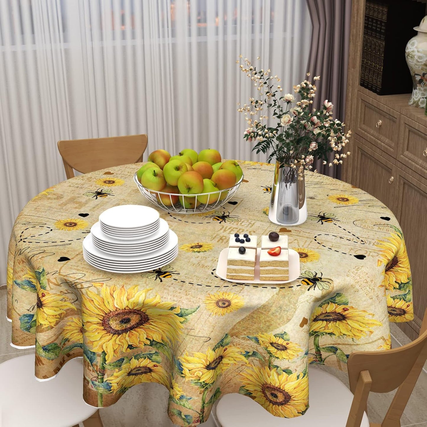Giwawa Sunflower Bee Round Tablecloth 60inch Yellow Flower Vintage Floral Style Circle Table Cover Wrinkle Free Shabby Chic Cabin Circular Table Cloth Washable for Kitchen Dining Farmhouse Decor