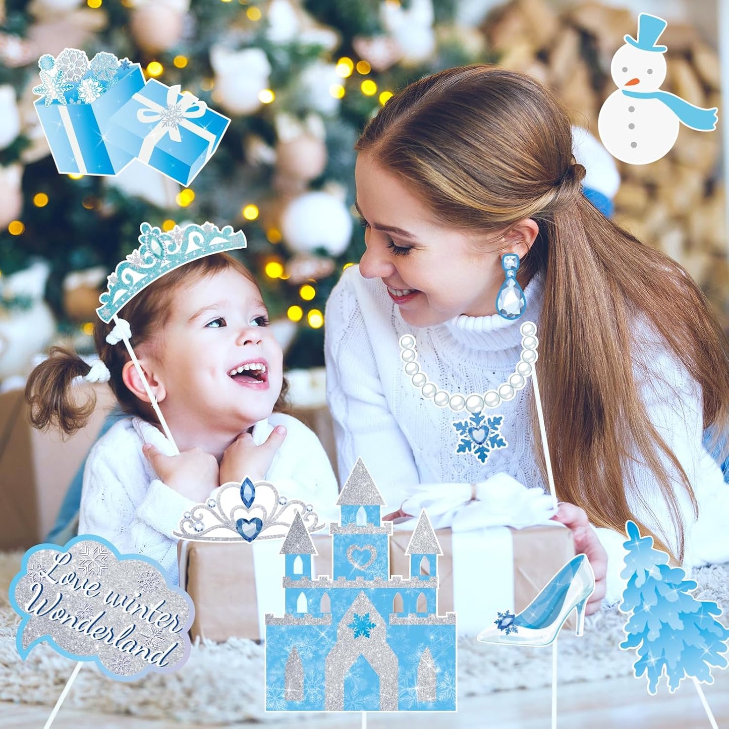 SUNBEAUTY 36 PCS Winter Wonderland Photo Booth Props Frozen Party Decorations Snow White Photo Booth Props for Winter Birthday Theme Party Holiday Christmas Party Supplies