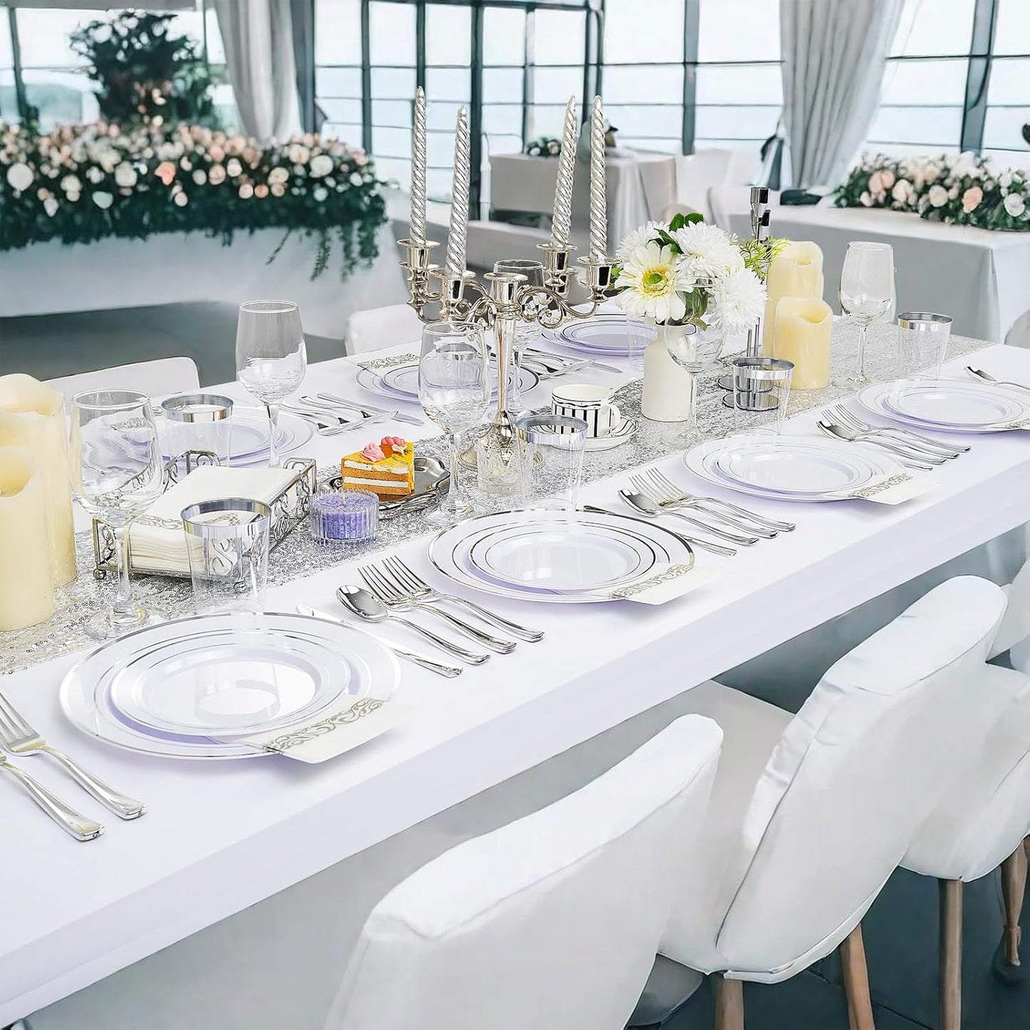 Supernal 400pcs Silver Plastic Dinnerware Set Heavy Duty Disposable Plates Include Silver Plastic Dessert Plates,50 Spoons & Knives & Cups & Napkins & 100 Forks,Prfect For Party and Wedding