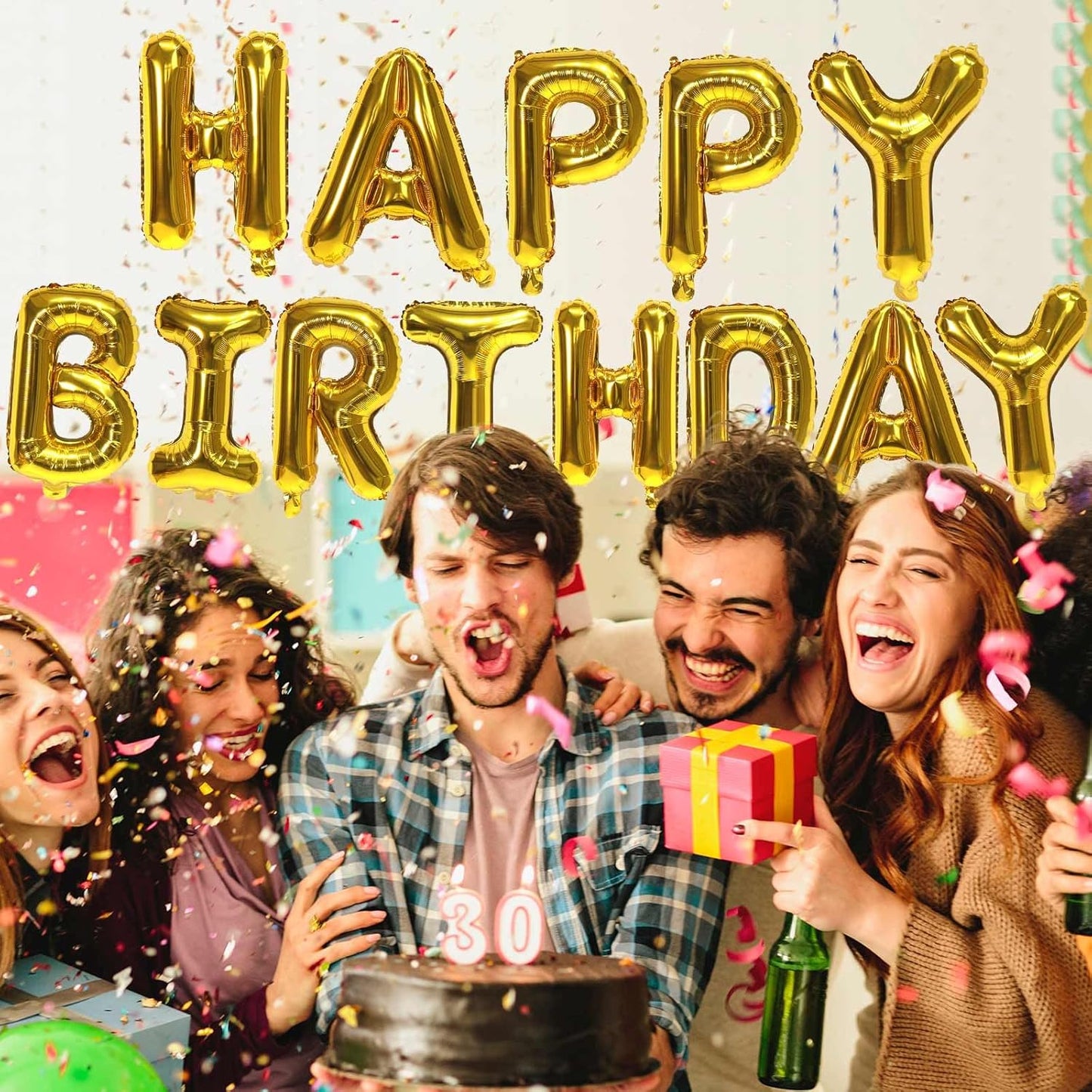 KALOR Gold Happy Birthday Balloons Banner, 16 Inch Mylar Foil Letters Balloon Sign for Women, Men, Boys & Girls Kids Birthday Decorations Photo Backdrop