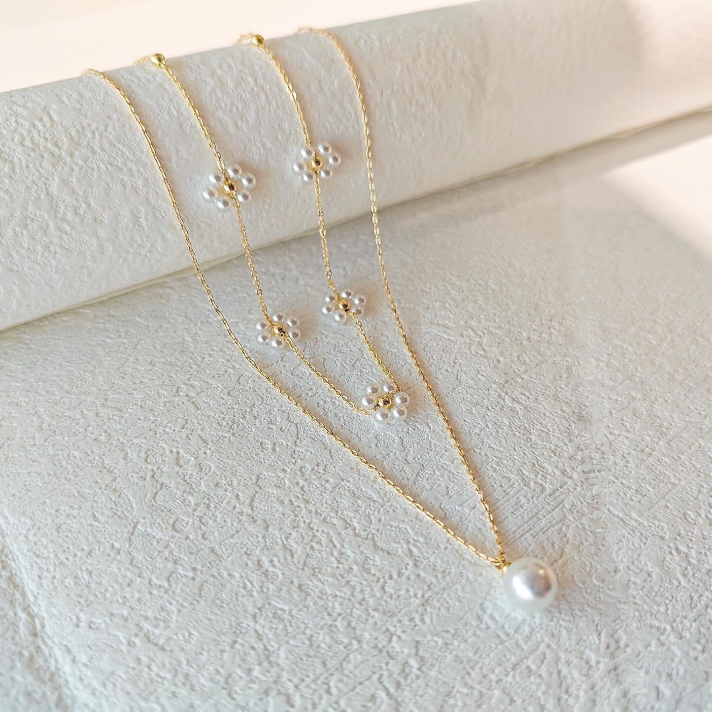 OGD Gold Pearl Necklaces Set for Women 14K Gold Plated Dainty Layered Pearl Cute Daisy Pearl Choker Gold Necklace Gifts for Women Gold Trendy Jewelry Gifts