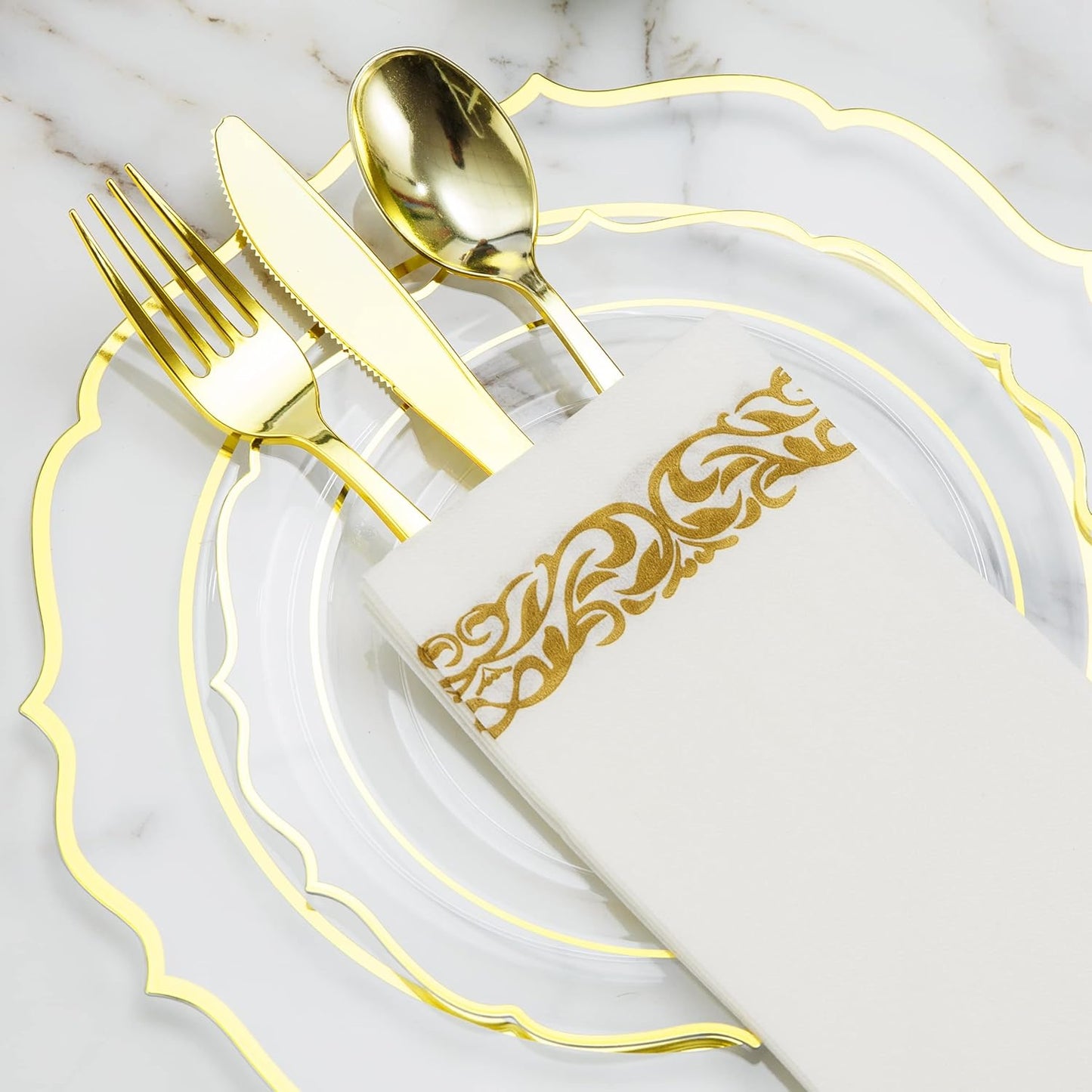 200 PCS Baroque Clear Gold Dinnerware Set for 25 Guests,Gold Rimmed Heavy Duty Plastic Disposable Plates for Party Wedding with Napkins,25Dinner Plates,Dessert Plates,Spoons,Forks,Knives,Cups