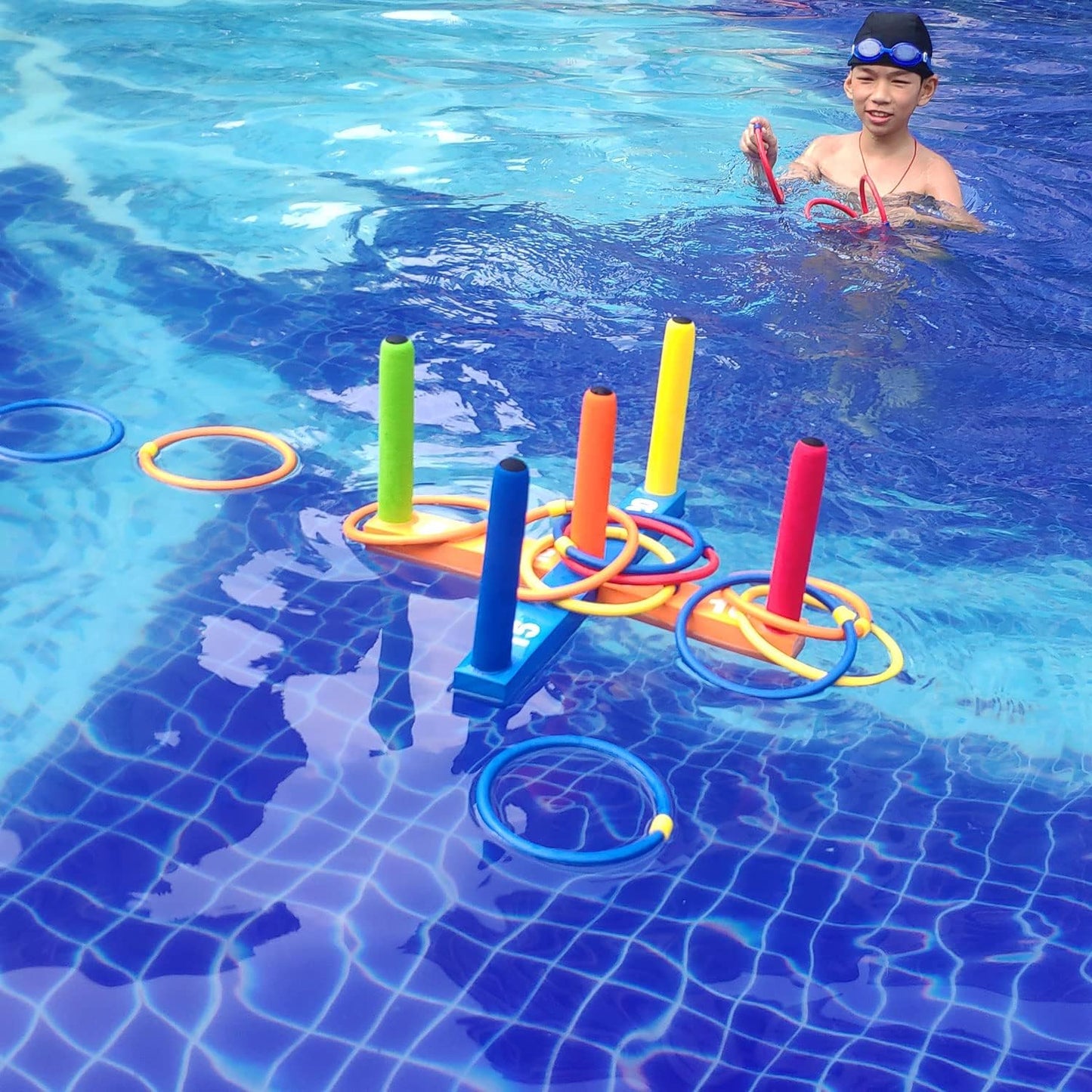 Ring Toss Game for Kids, Indoor & Outdoor Game for Family and Adults with 5 Poles, 2 Bases and 16 Rings in 4 Colors, Soft Foam Toy for Kids Backyard Ring Toss Fun