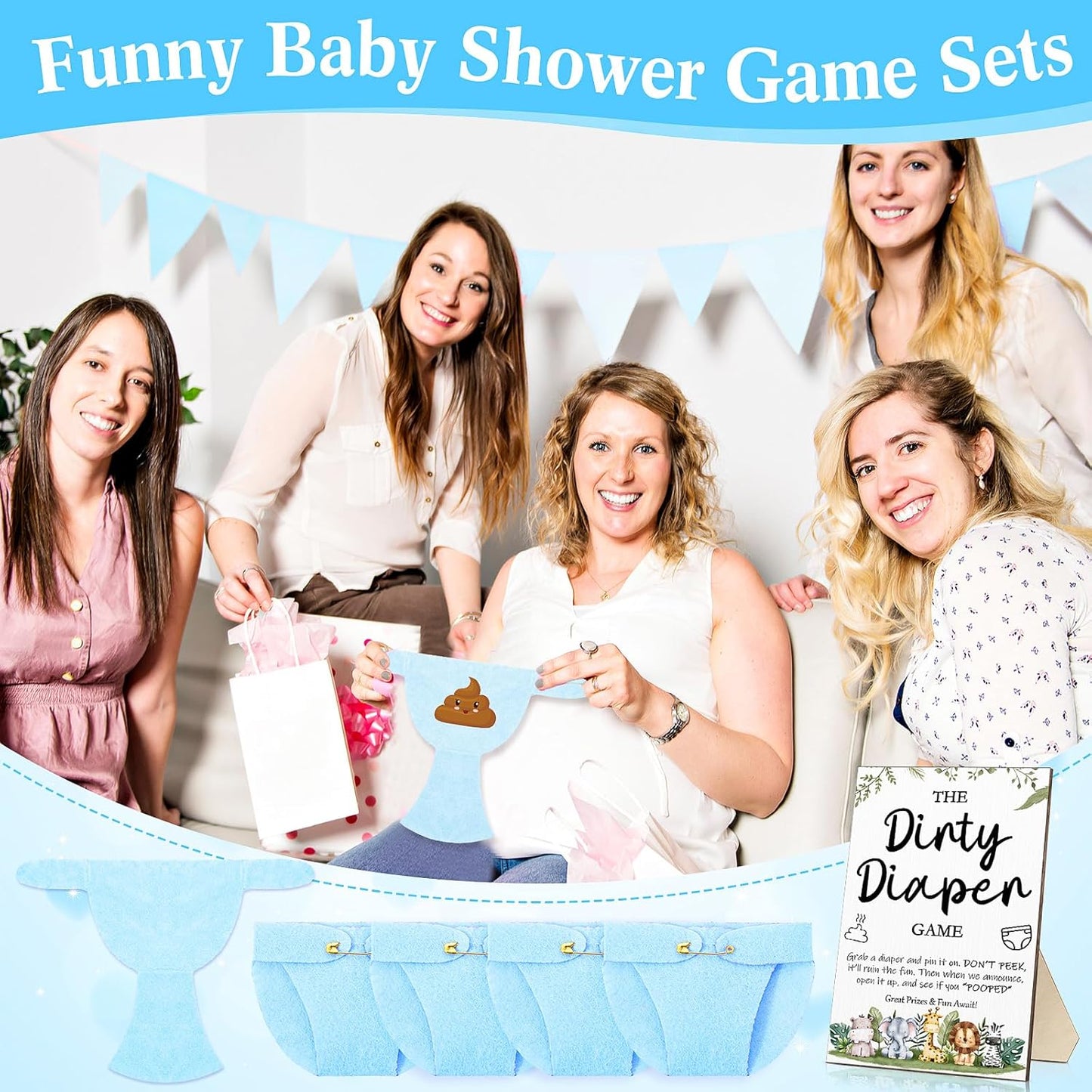 Roowest 51 Pcs Dirty Diaper Baby Shower Games Funny Wooden Sign with 50 Pcs Mini Diapers Cute Felt for Gender Reveal Party Baby Shower(Animals Blue)