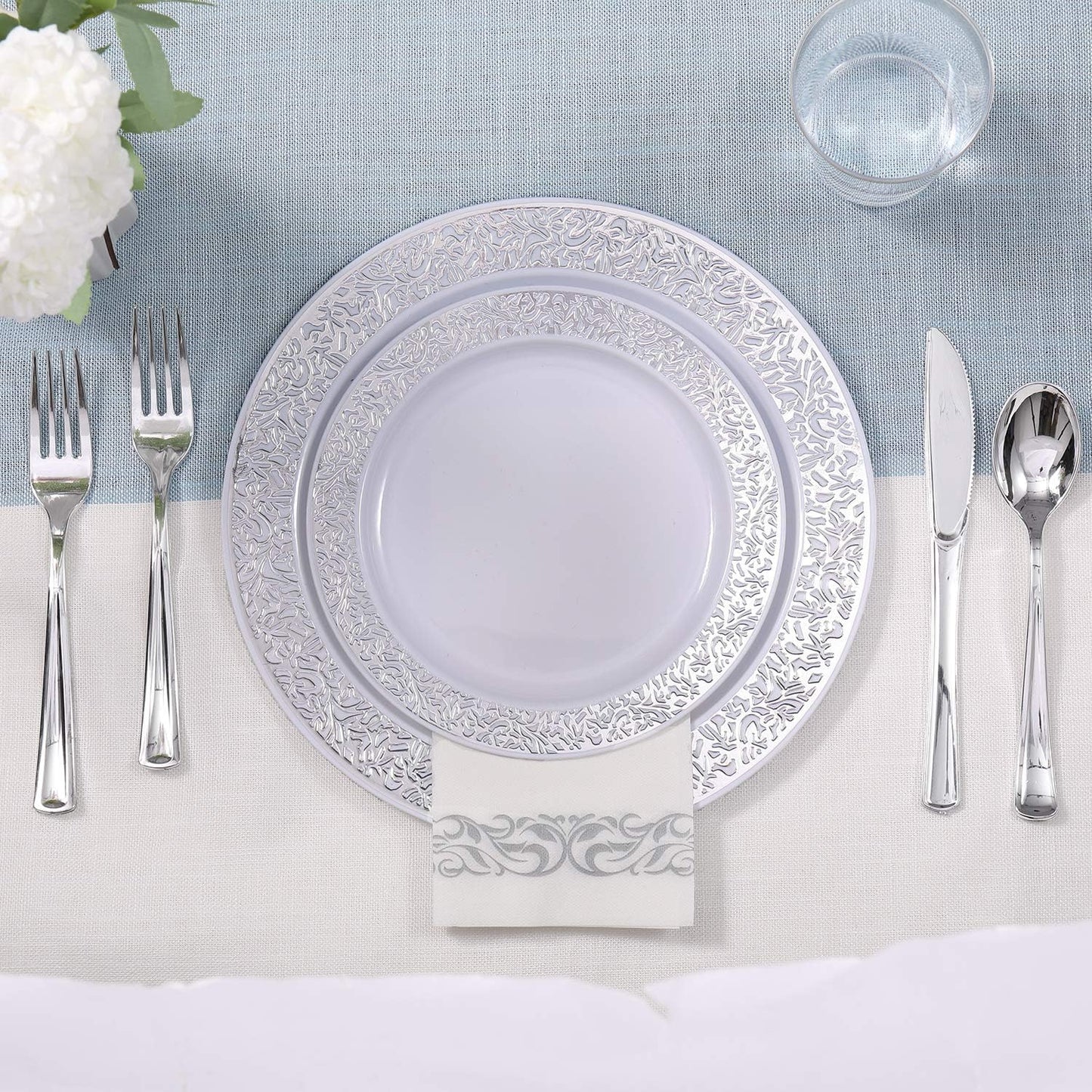 FOCUSLINE 175 Ct Silver Dinnerware Set for 25 Guests, Plastic Plates with Silver Lace Rim Design, Including 25 Disposable Dinner & Dessert Plates, Cups, Napkins, Cutlery Set