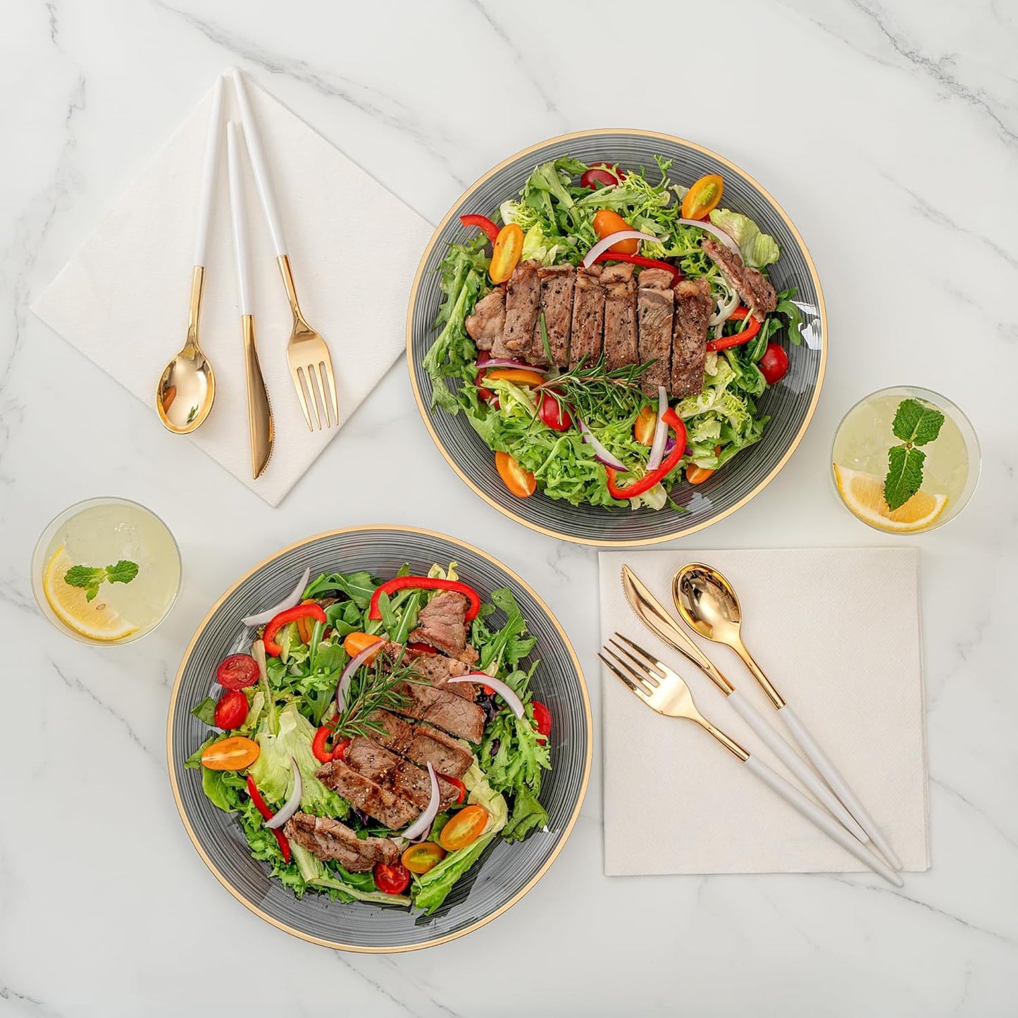 Restaurantware Plastic Plates 20 Pcs 10" Gold Rimmed Disposable Plates Heavy-Duty Black Translucent Rippled Plastic Dinner Servers for Party, Weddings, Salads, Desserts, and Appetizers