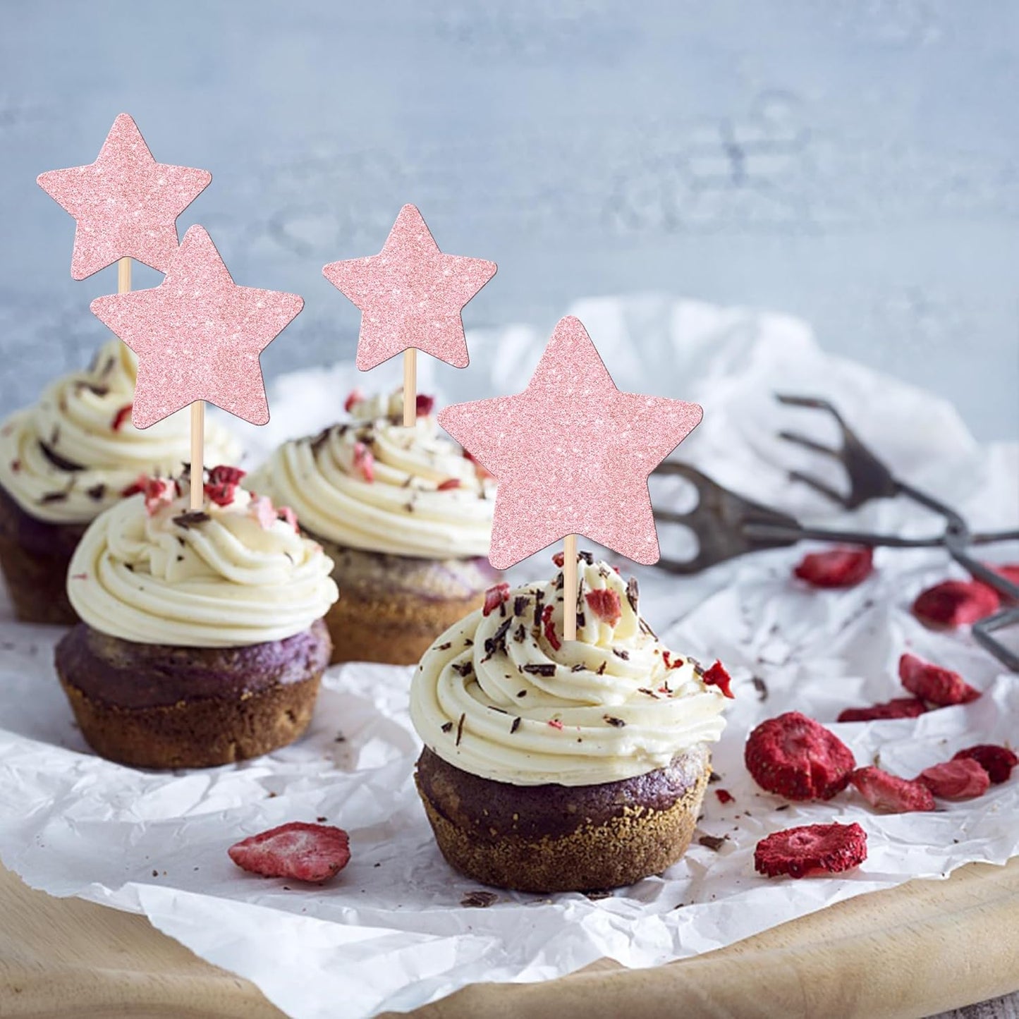30 PCS Star Cupcake Toppers Glitter Assembled Twinkle Star Cupcake Picks Wedding Engagement Bridal Shower Birthday Party Cake Decorations Supplies Mixed Size Light Pink