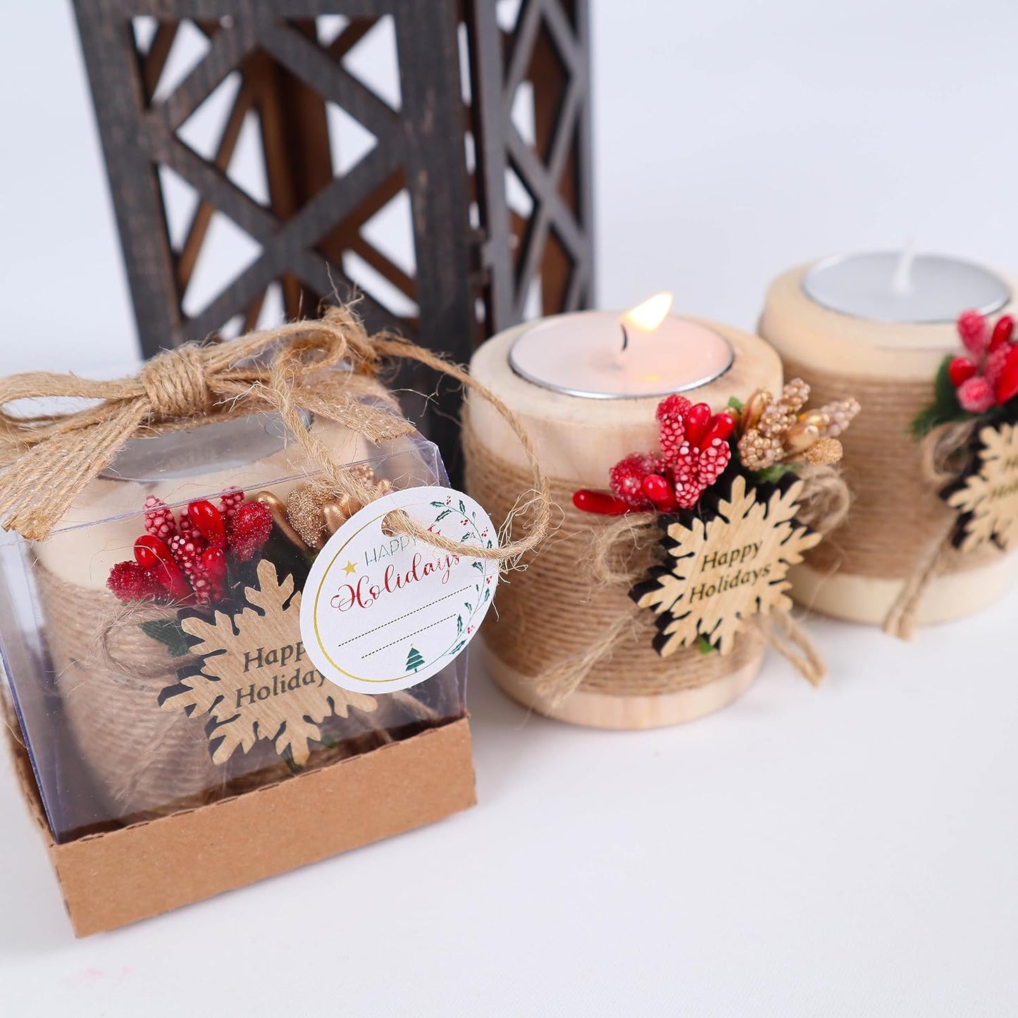 HTF Pack of 10 Christmas Decorations Wood Tealight Candle Holder, New Year Decoration, Noel Christmas Candles Bulk, Xmas Decoration, Noel Decor (CH-Snowflake, Light Brown)