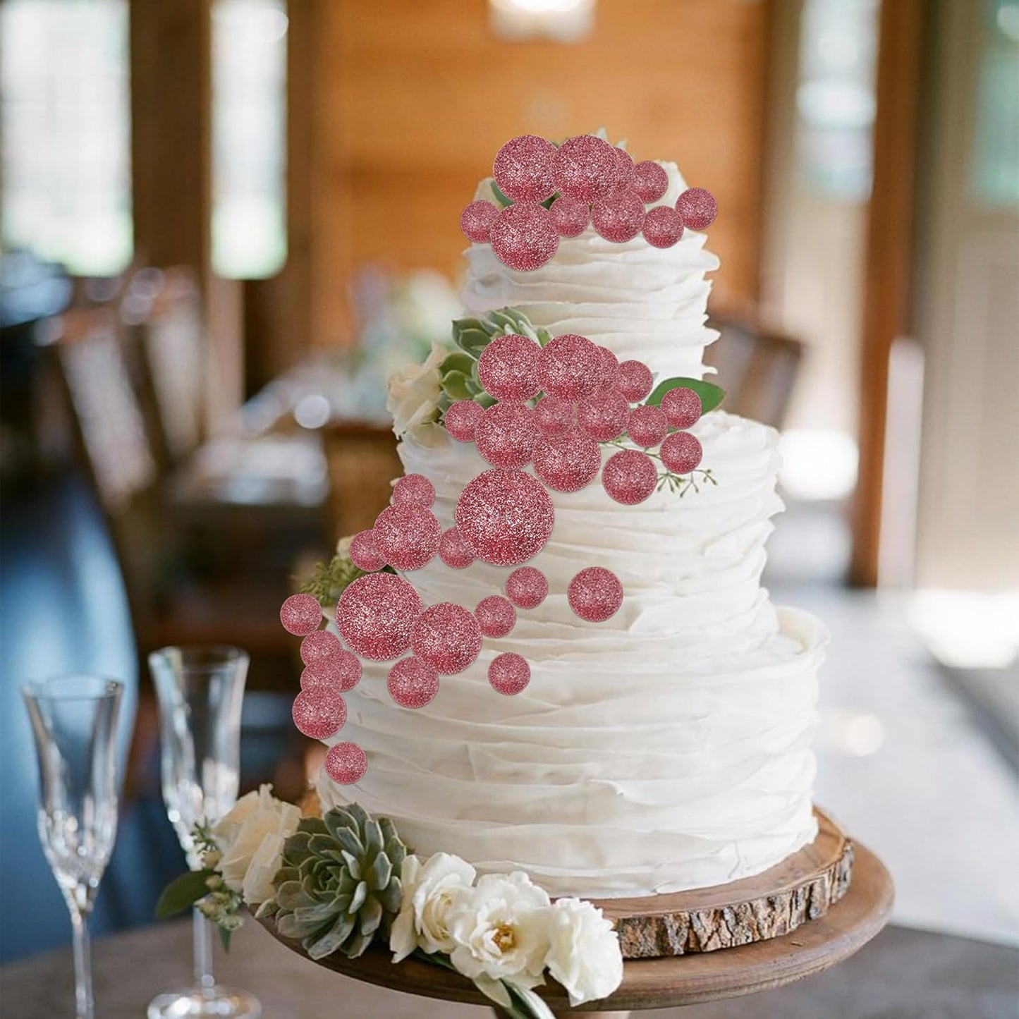 24 PCS Glitter Balls Cupcake Toppers Foam Ball Cake Picks Mini Balloon DIY Cake Insert Topper Decoration for Baby Shower Wedding Anniversary Kids Birthday Party Decorations Rose Gold