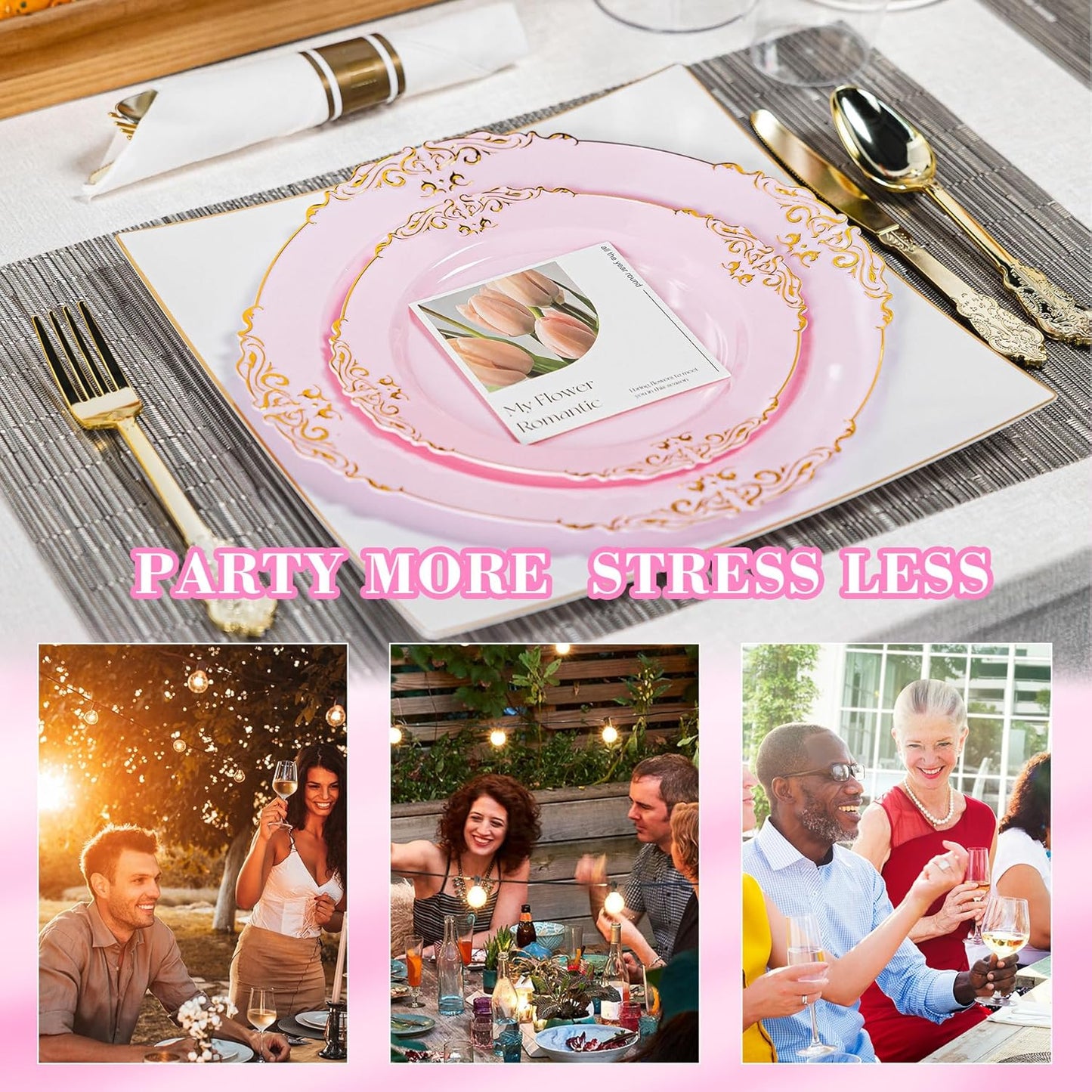 350pcs Gold Retro Dinnerware Sets Disposable, 50 Guests Heavy Duty Plastic Cutlery Sets, 100 Disposable Plates, 150 Silverware, 50 Cups, 50 Napkins for Wedding & Party, Pink