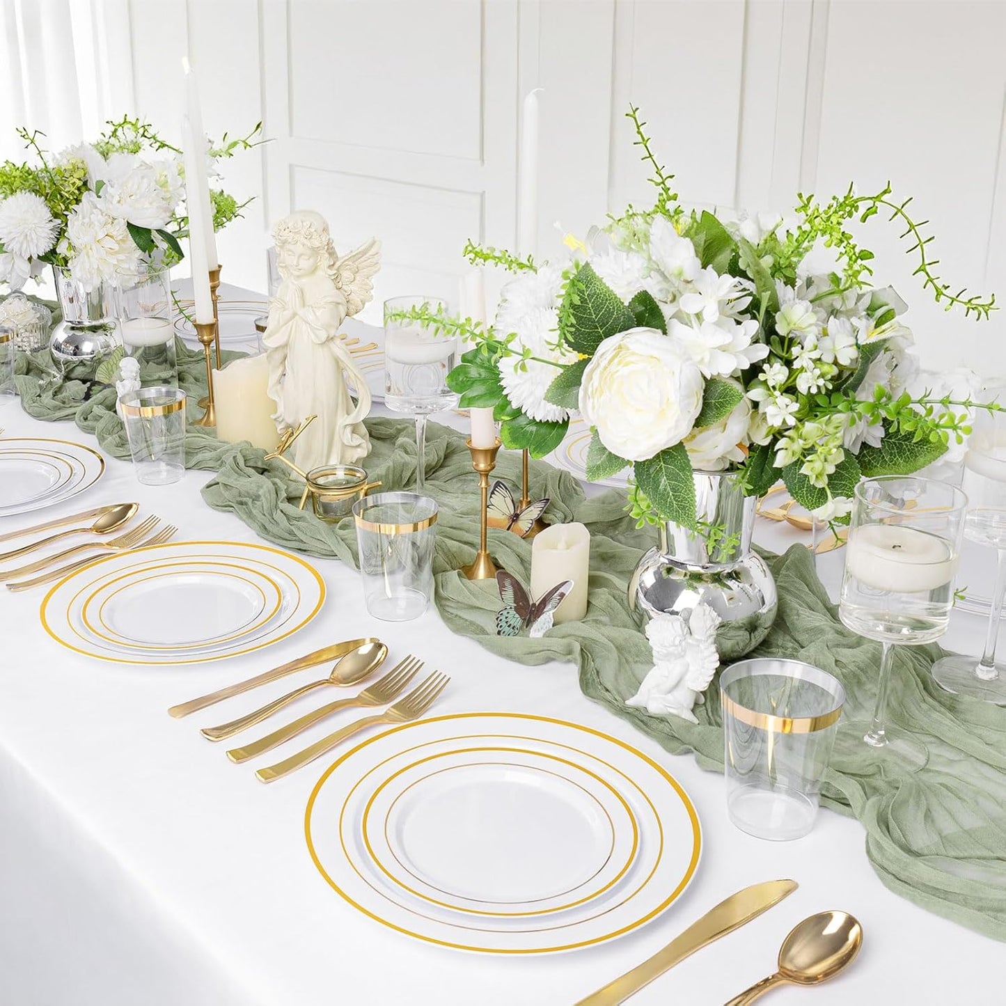 Supernal 200pcs Gold Plastic Dinnerware included 25 Party Dinner Plates 25 Dessert Plates 25 Disposable Cups and 25 Paper Napkins Disposable 25 Spoons 25 Knives 50 Forks for Party and Wedding