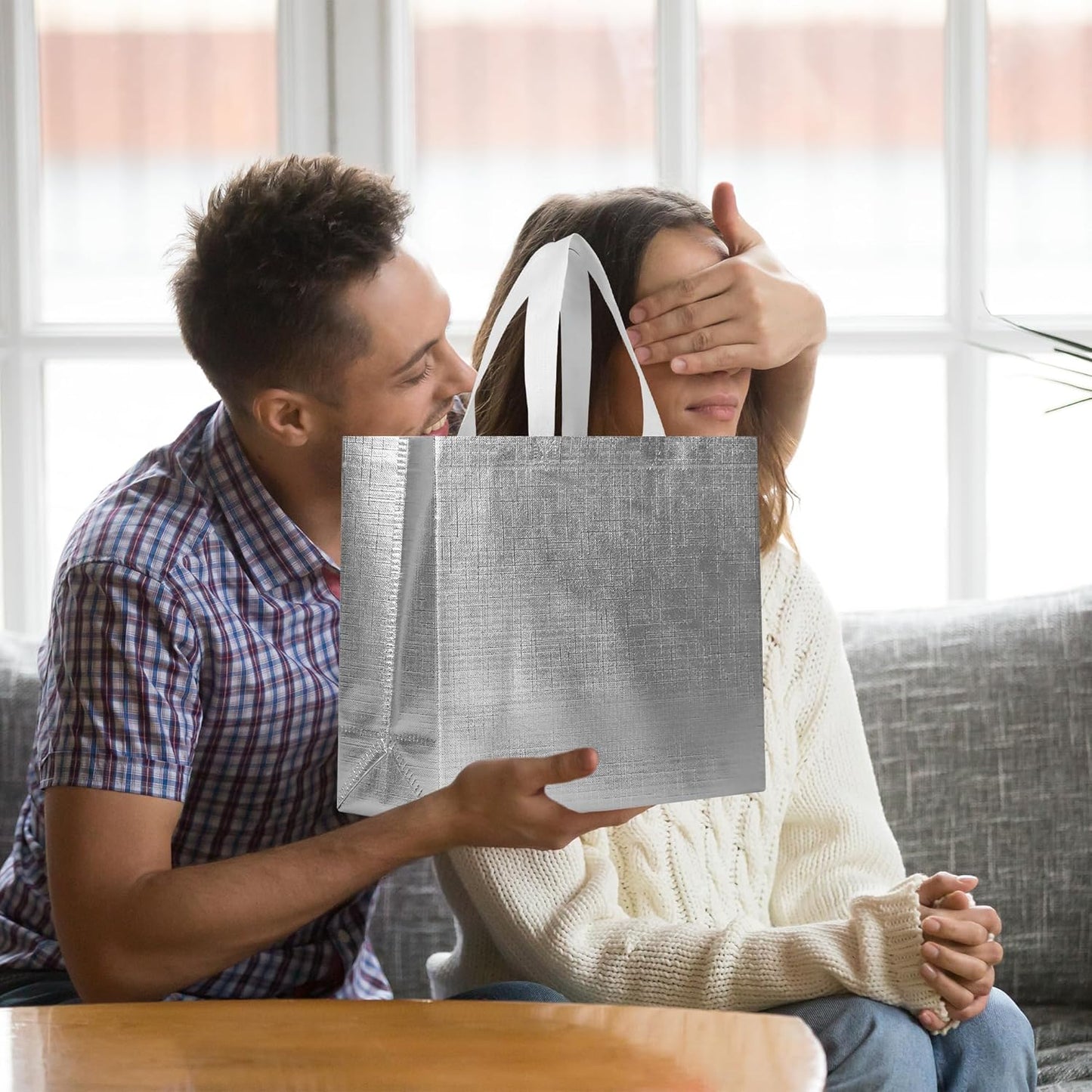 cabzymx 25 Pcs Silver Reusable Gift Bags with Metallic Design, Non-woven Gift Bag Bulk with Handles, Glossy Party Bags for Wrapping Gifts, Birthday, Wedding, Parties, Graduation-12.6x4.7x11 In