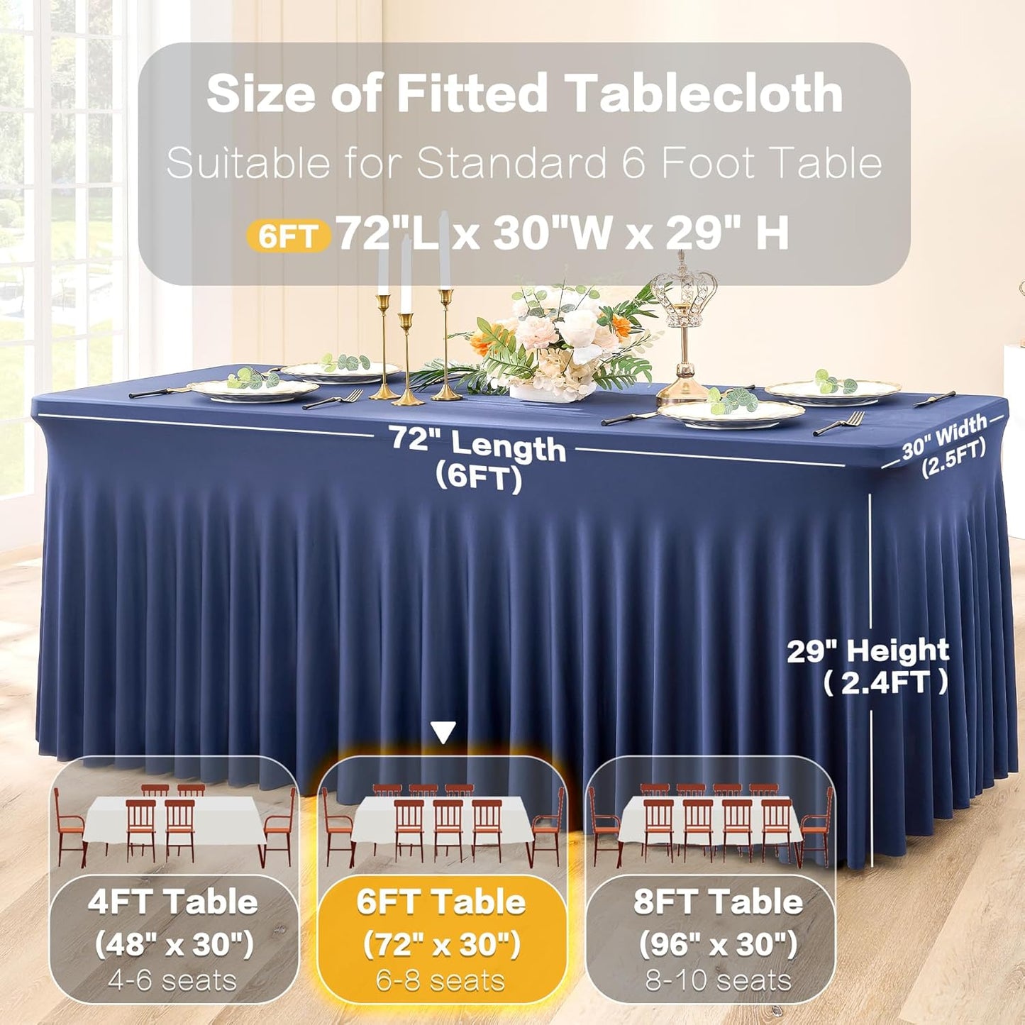 4 Pack Navy Blue Spandex Table Clothes for 6 Foot Rectangle Tables, Wrinkle Free Fitted Table Cloth 6ft Stretch Tablecloths with Skirt Cover for Parties Weddings Birthday Banquet Baby Shower