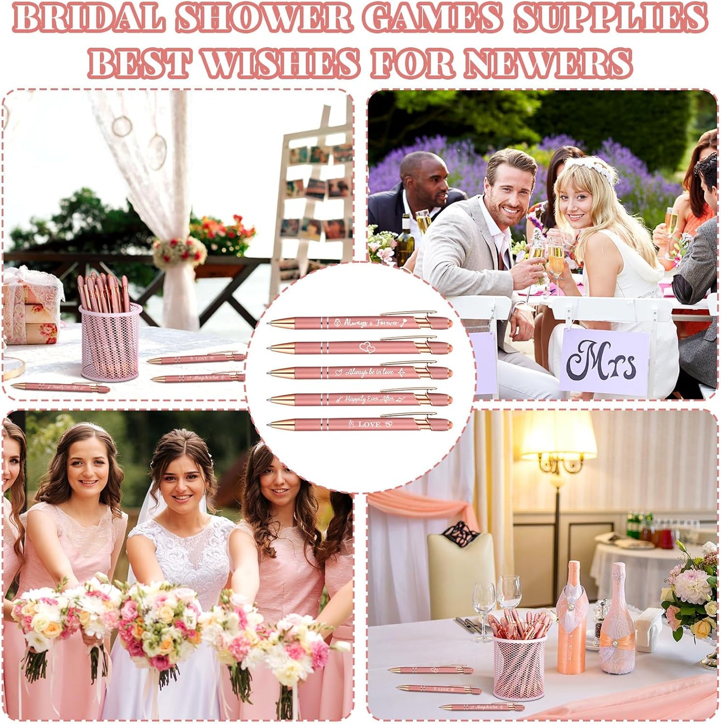 Kisston 36 Pcs Wedding Pens Bulk Bridal Shower Pens Favors Bachelorette 6 Styles Retractable Ballpoint Wedding Favors Supplies for Guest Game Office(Rose Gold)