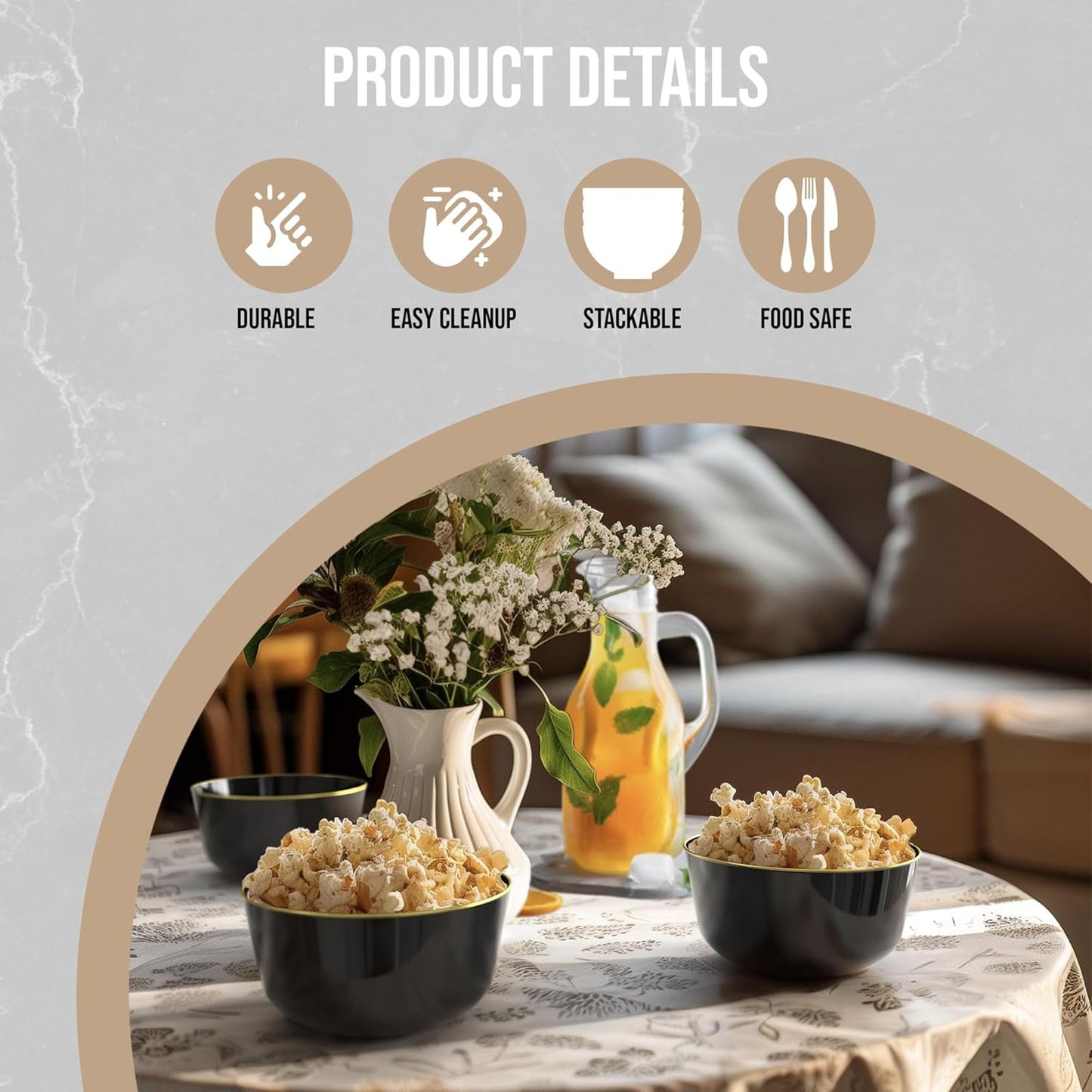 Trendables Plastic Bowls Disposable Bowls 24 Oz Bowl Set Of 50 Black Gold Rimmed Fancy Plastic Serving Dishes Perfect for Parties and Events Disposable Candy Bowl