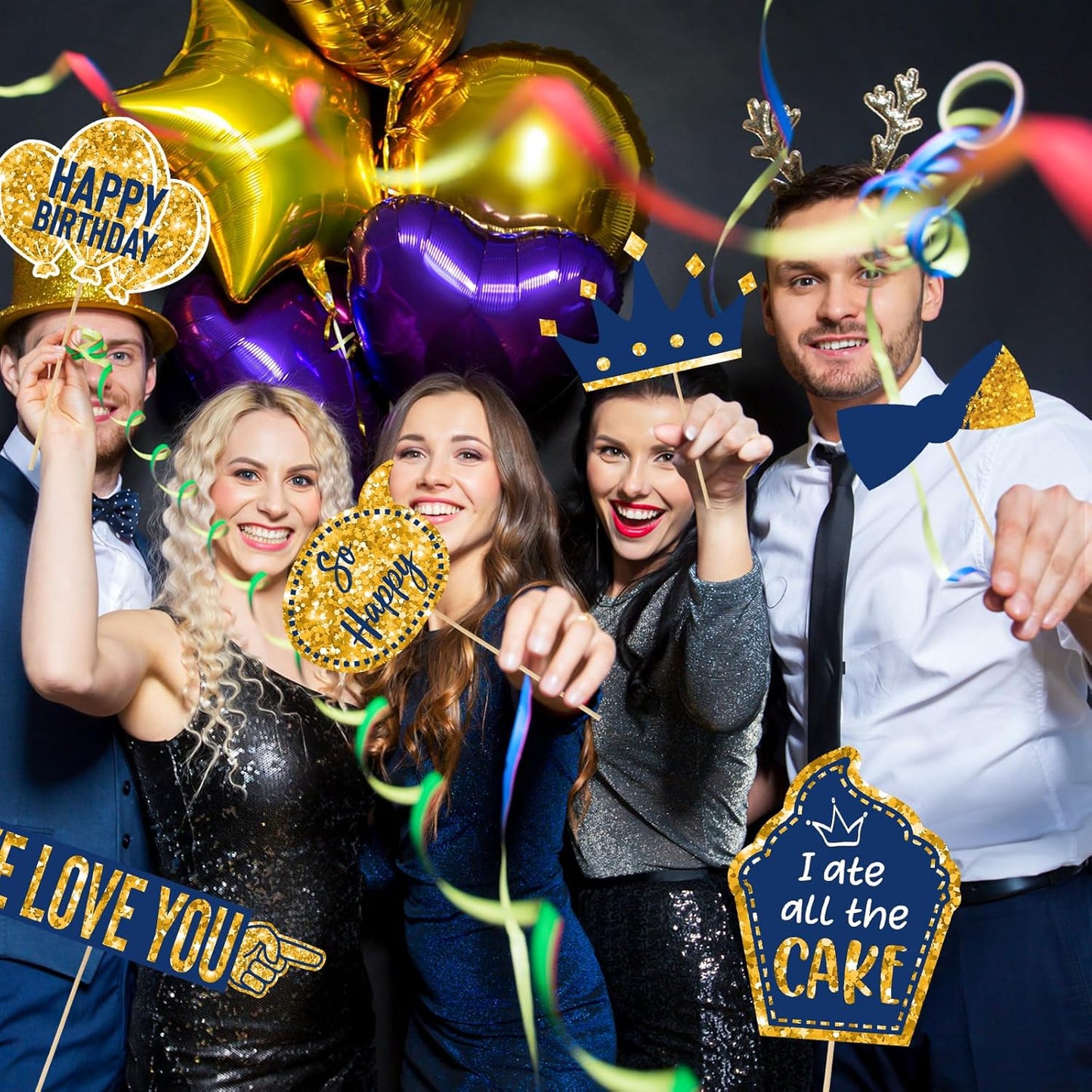 Outus 36 Pcs Birthday Photo Booth Props Kit Happy Birthday Graduation Wedding Party Favors Supplies Bday Party Decor 40th- 50th-60th Photobooth Funny Cute Holiday Selfie Supplies(Gold and Blue)