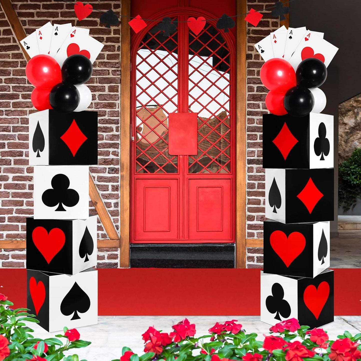 Zhanmai 52 Pcs Casino Themed Decorations Set Las Vegas Game Night Entryway Door Party Decor 8 Pcs 12 Inch Large Poker Boxes 8 Jumbo Poker Cards 30 Pcs Balloon Aisle Runners for Birthday Celebration