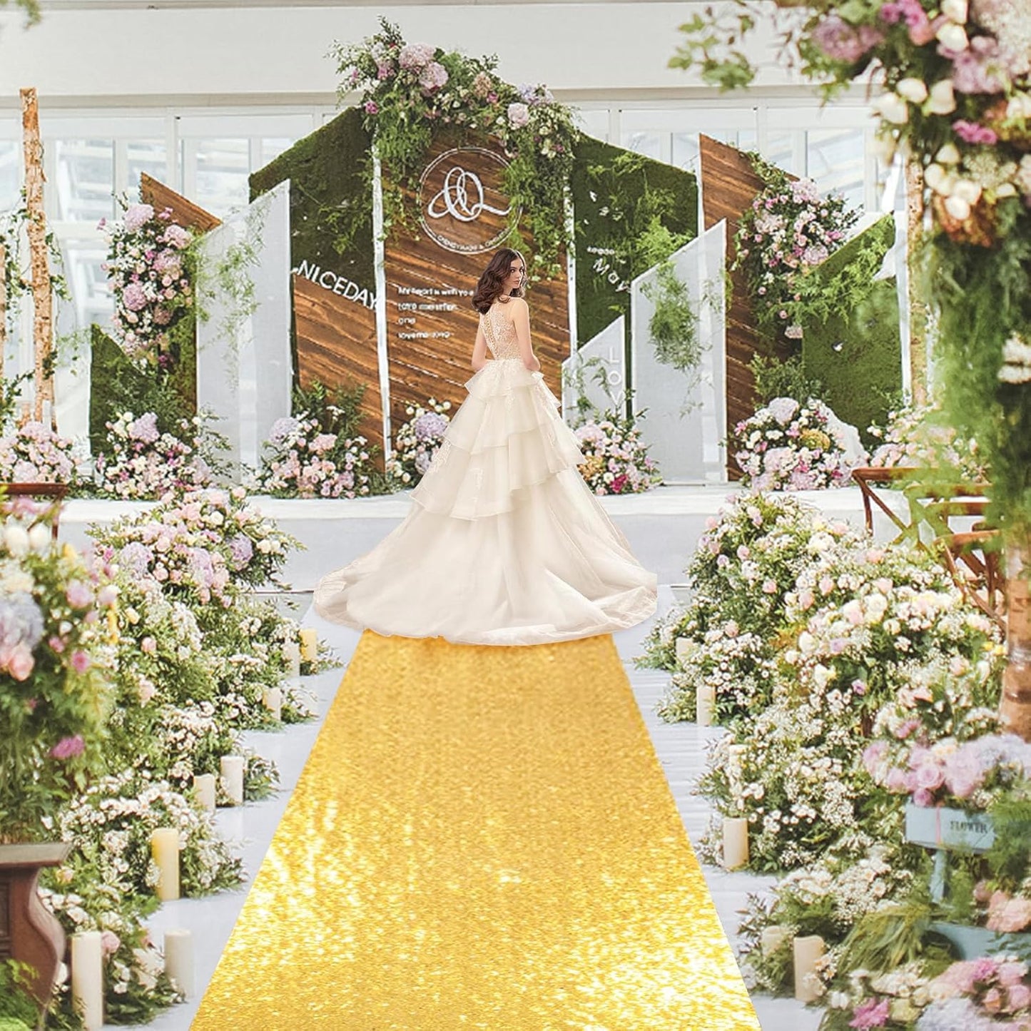 PartyDelight Wedding Aisle Runner for Ceremony Gold 4FTx15FT Sequin Carpet Sparkly Rug for Indoor Outdoor Weddings Engagement Decoration