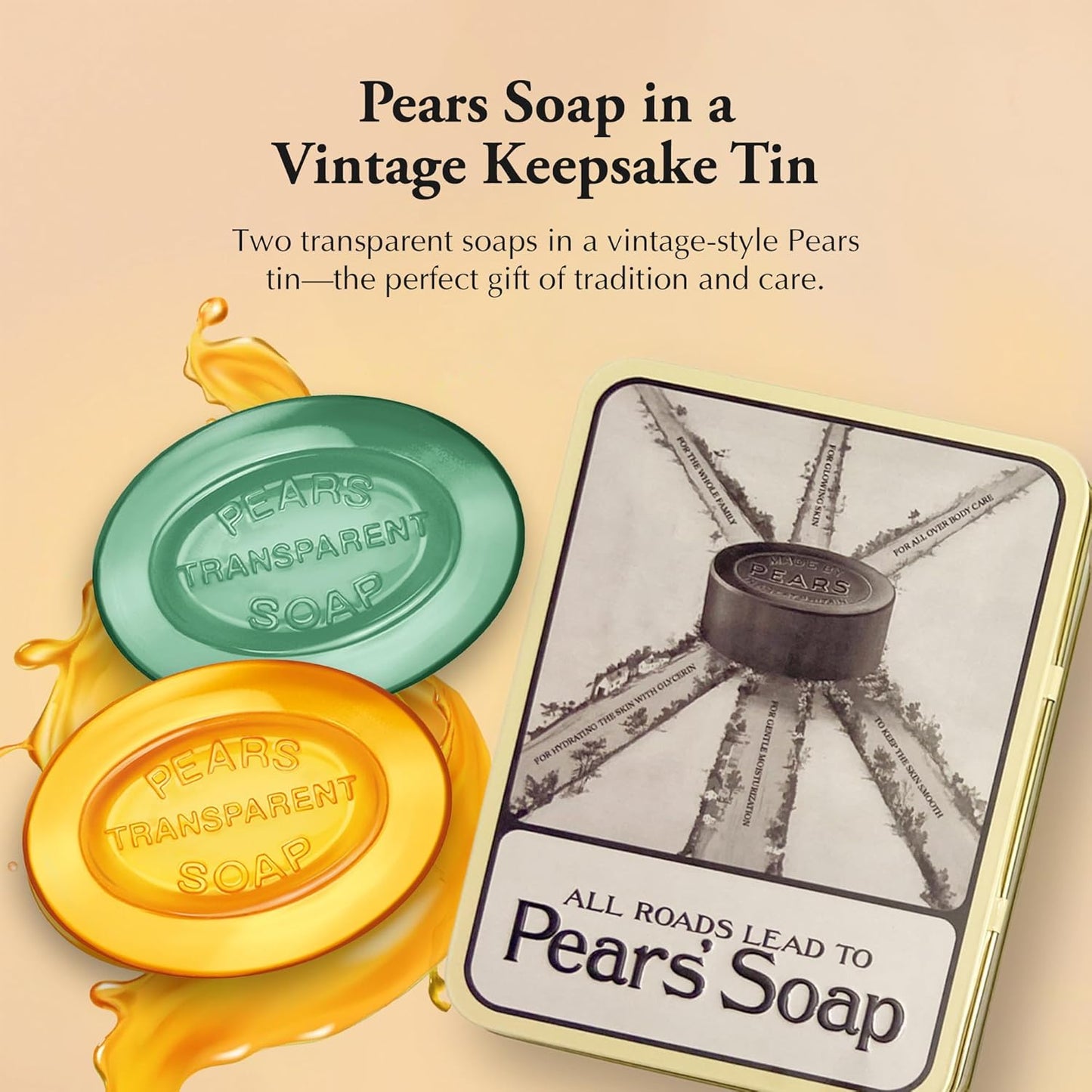 Pears Soap Gift Set, Vintage Tin with 2 Transparent Glycerin Soaps (Amber & Green) for Glowing Skin, 4.4 Oz Ea