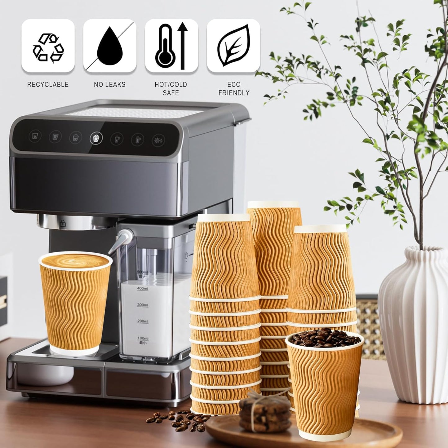 100 Pack 12 oz Disposable Paper Coffee Cups, Leak Proof Insulated Ripple Wall Hot Cups for Espresso, Coffee, Tea, Hot Chocolate, To Go Drinks (Home, Office, Cafe Bar)