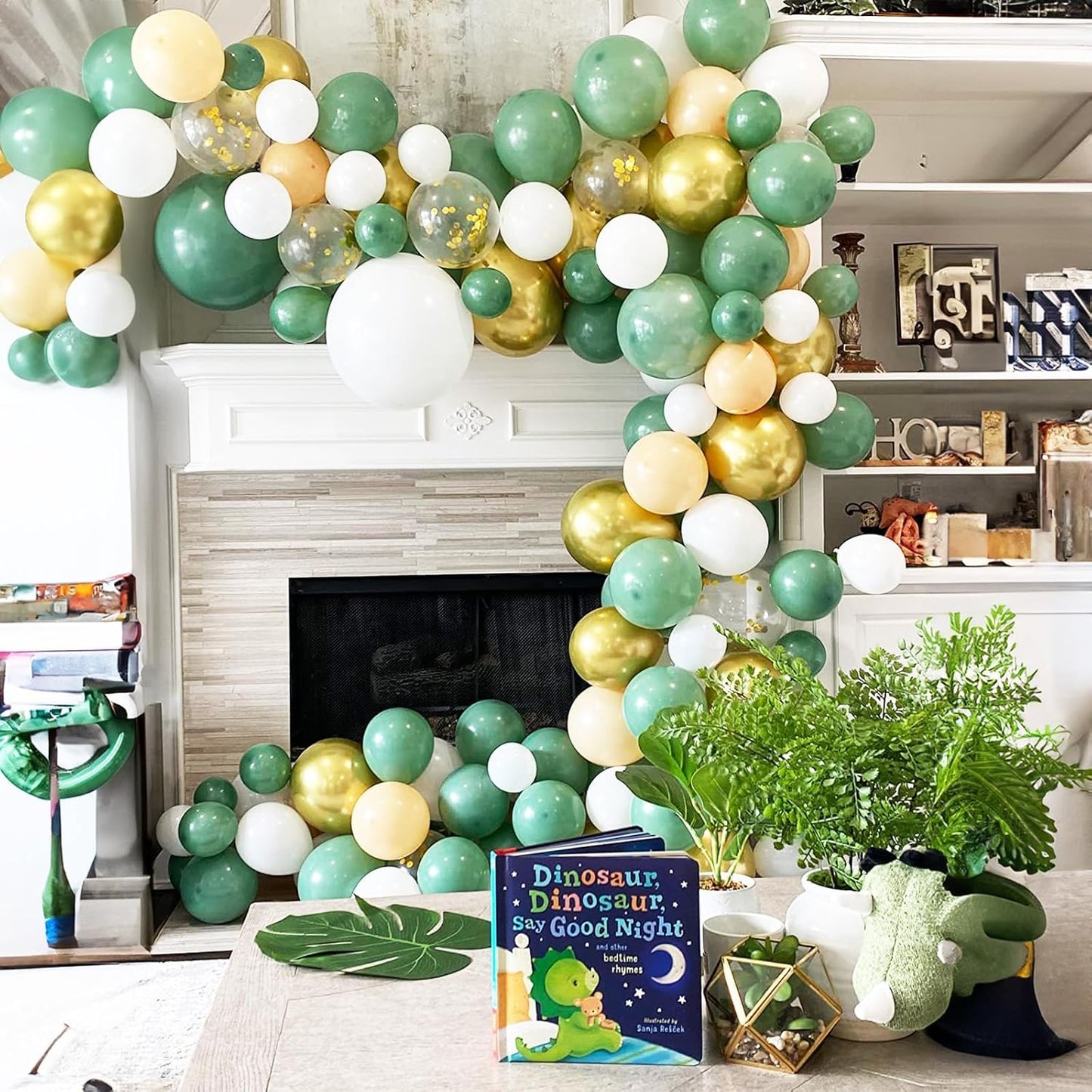 Sage Green Gold Balloons, 12 Inch 60 Pcs Metallic Olive Green White Gold Confetti Balloons Retro Green Balloons for Jungle Safari Birthday Camp Bachelorette Decorations