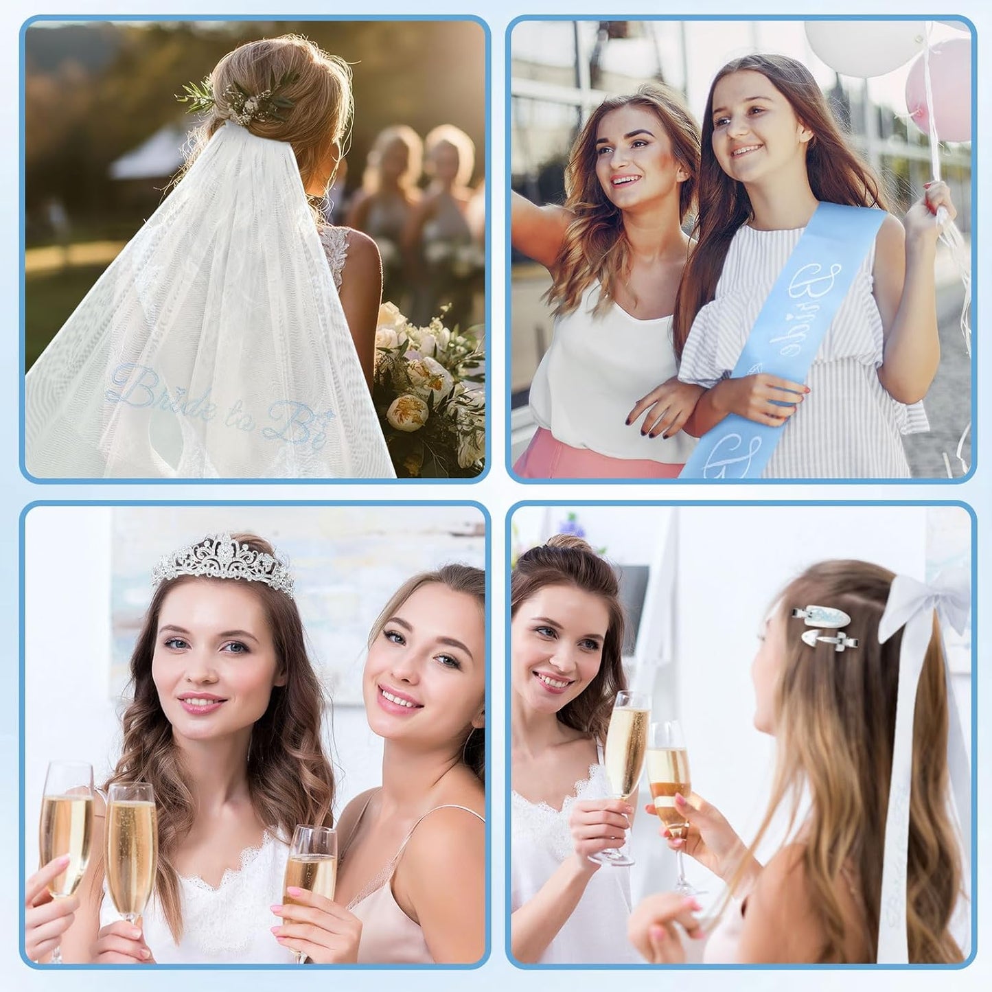 8 Pcs Blue Bachelorette Party Decorations, Bride Sash, Clips, Bridal Shower Crown, Veil, Embroidered Bow Hairpins Engagement Gifts for Bride, Wedding, Bridal Shower Favor