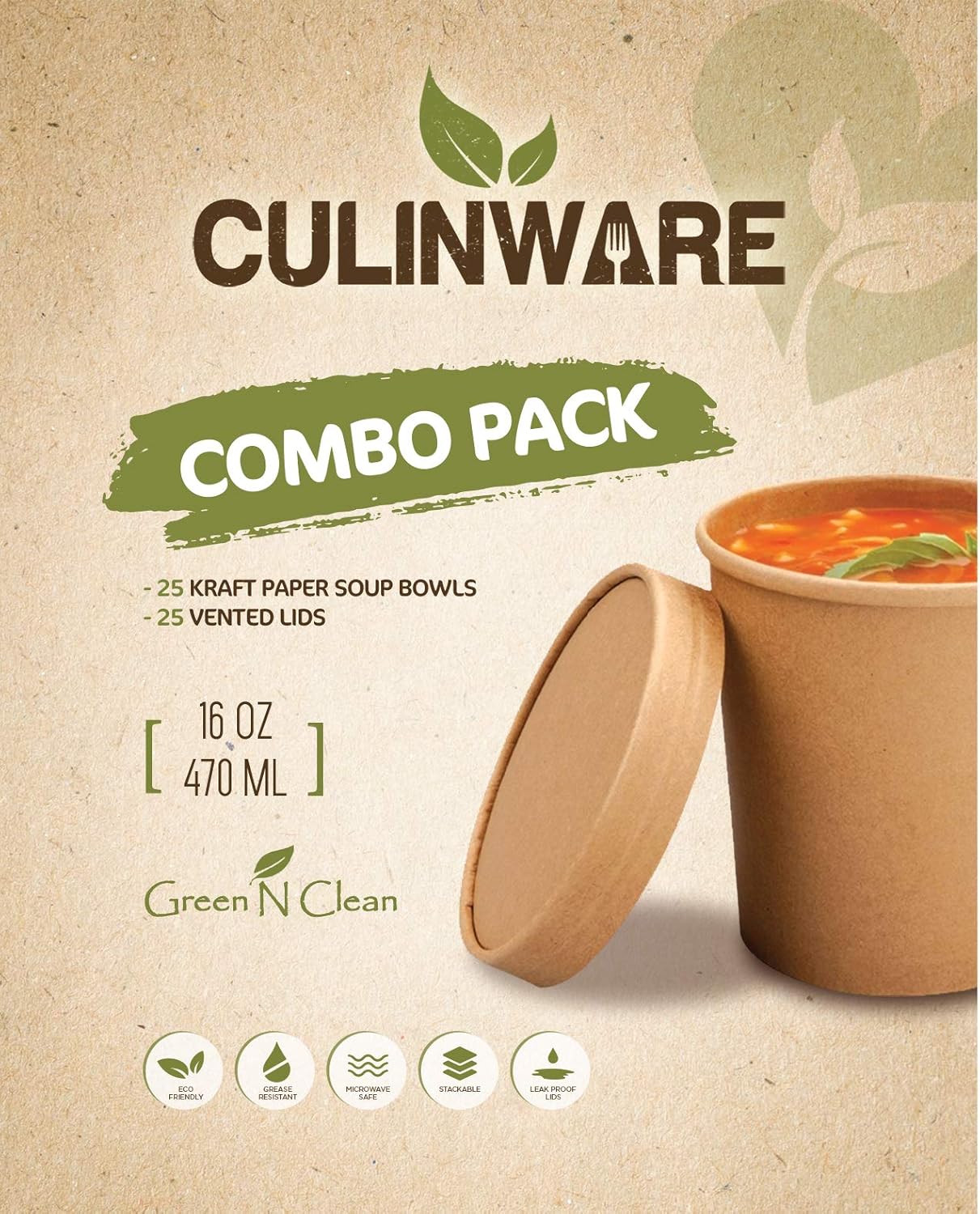 Eco Friendly Microwavable Kraft Soup Bowls - Soup Cups | Disposable Food To-Go Containers-Soup Containers With Airtight Lids. Great For Restaurants, Take Outs, Or To-Go Lunch 25/Pack (16 oz, Brown)