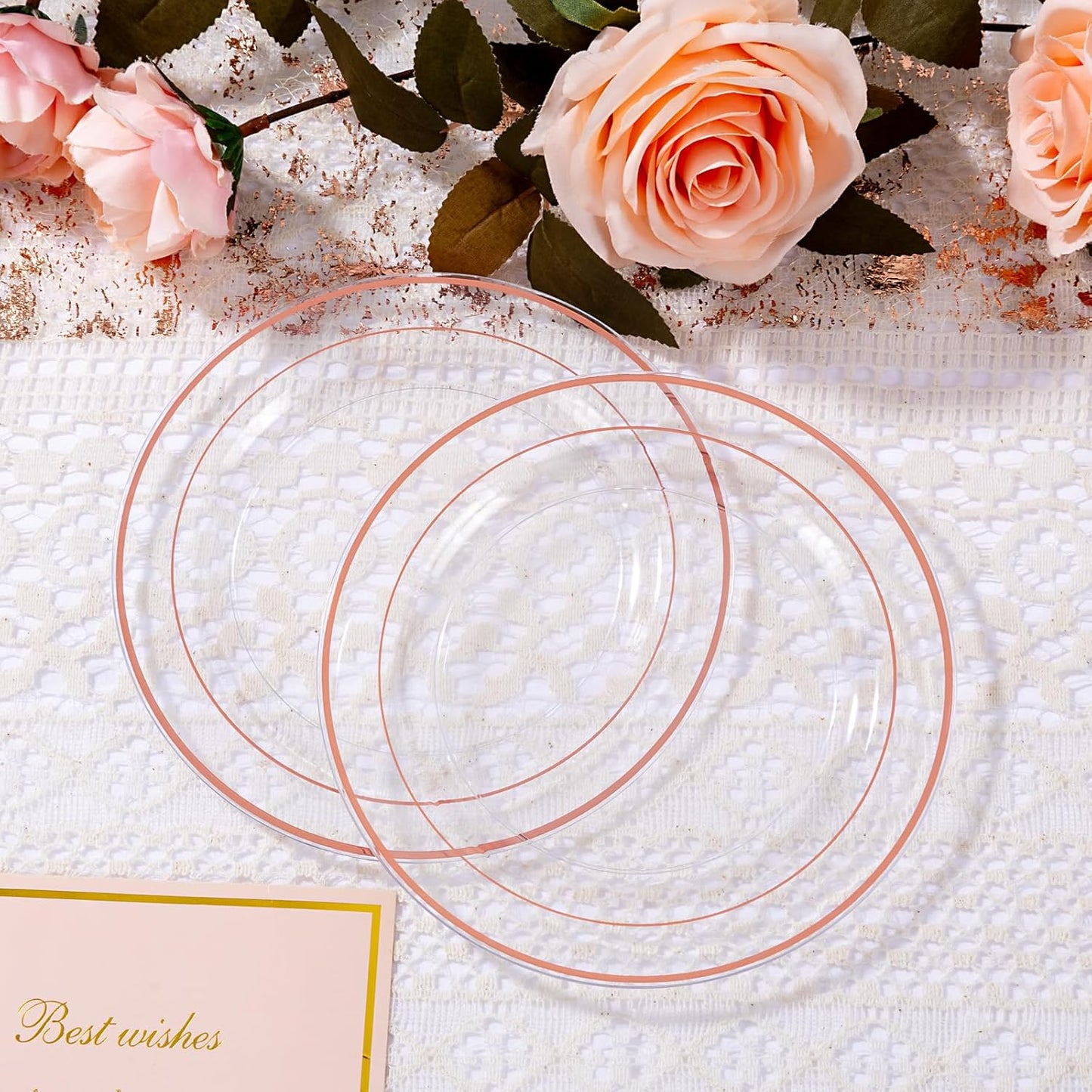bUCLA 100PCS Clear Rose Gold Plastic Plates Disposable - Heavy Duty 6.25 Inch Clear Plastic Dessert Plates with Rose Gold Trim - Ideal for Party, Wedding & Mother’s Day