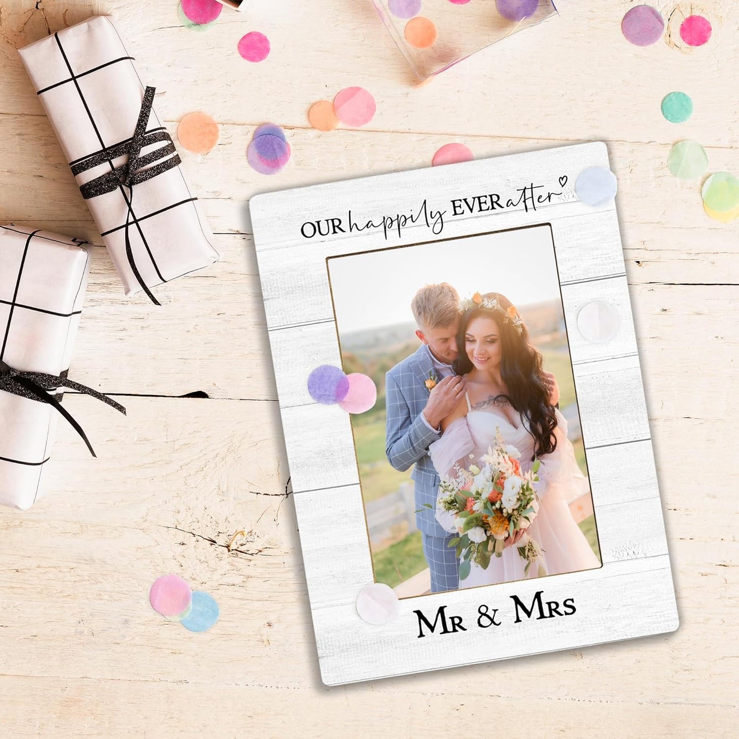 Wedding Picture Frame, Wedding Gifts for Couples, Our Happily Ever After Mr And Mrs Photo Frame 4X6, Bridal Proposal Gifts Engaged Engagement Wooden Photo Picture Frames for Desk Tabletop Decor
