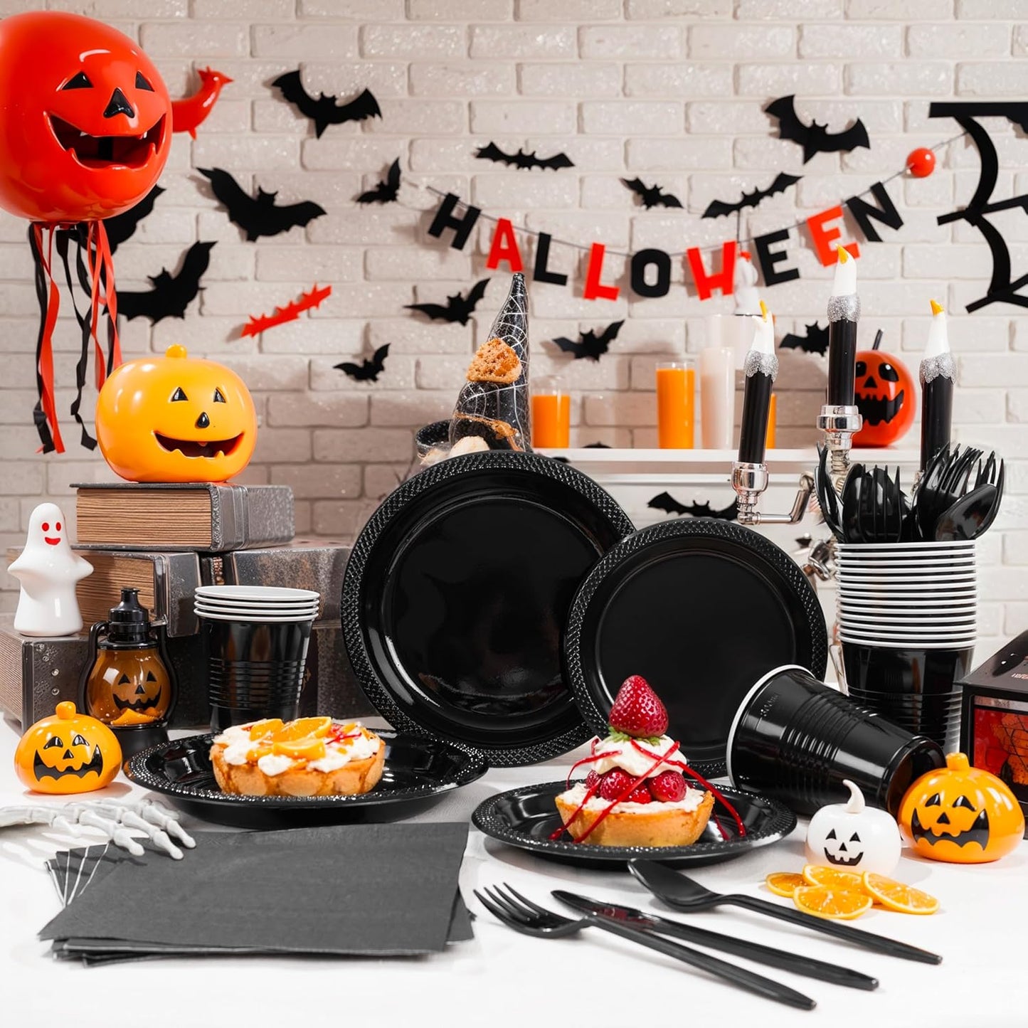 MirthMood 350PCS Black Disposable Plates, Black Party Supplies, Includes 50 Dinner Plates, 50 Salad Plates, 50 Silverware, 50 Napkins and 50 12OZ Cups.