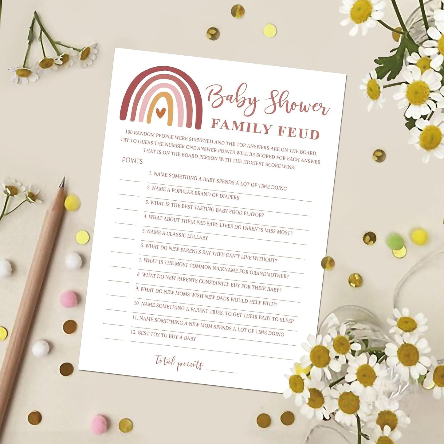 Family Feud Baby Shower Game - Pack of 30 Cards, Answer Key, Rainbow Decorations for Boy & Girl, Feud Game Supplies