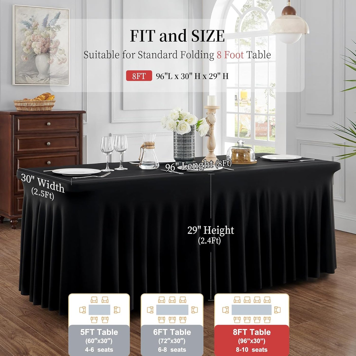 Outpain Black Spandex Tablecloth for 8 Foot Rectangle Tables, 4 Pack Black Fitted Table Cloths 8ft Stretchy Banquet Table Clothes Cover Desk Skirt for Birthday Wedding Parties Baby Shower