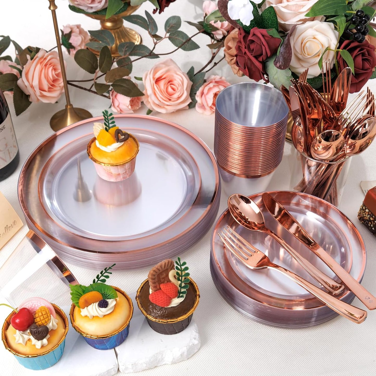 bUCLA 600PCS Clear Rose Gold Plastic Dinnerware Set Disposable - Include 100 Dinner Plates, 100 Dessert Plates, 100 Knives, 100 Forks, 100 Spoons, 100 Cups for Party, Wedding & Mother’s Day