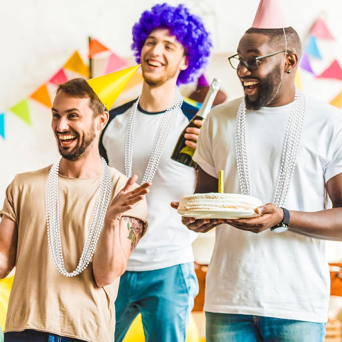 30PCS Bead Necklaces, White Mardi Gras Beads Stuff Party Favors, 33" 6mm Round Holiday Beads Necklace Decorations Bulk, White Beads for Wedding Birthday School Celebrations Festival Parade Throws