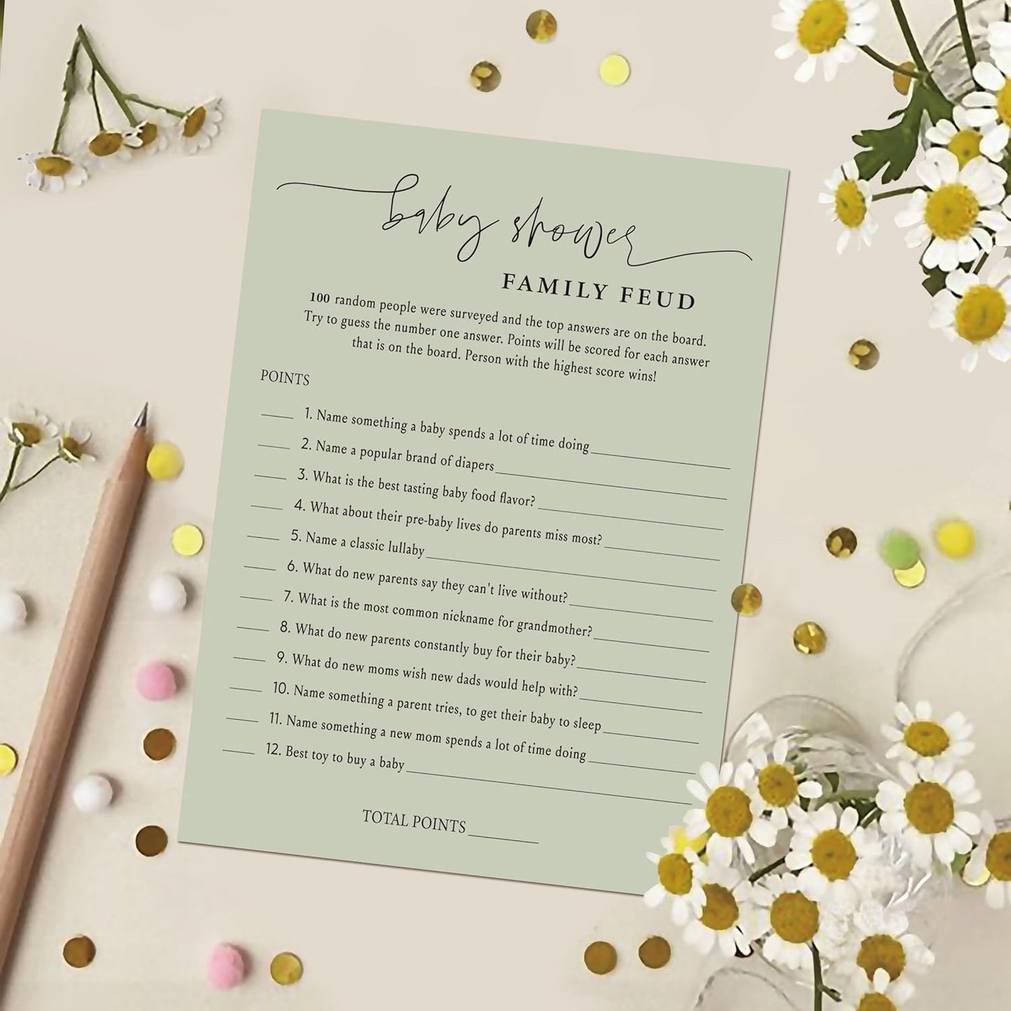 Family Feud Baby Shower Game - 30 Cards, Answer Key, Gender Neutral Decorations for Boy & Girl - 06E-Atrovirens