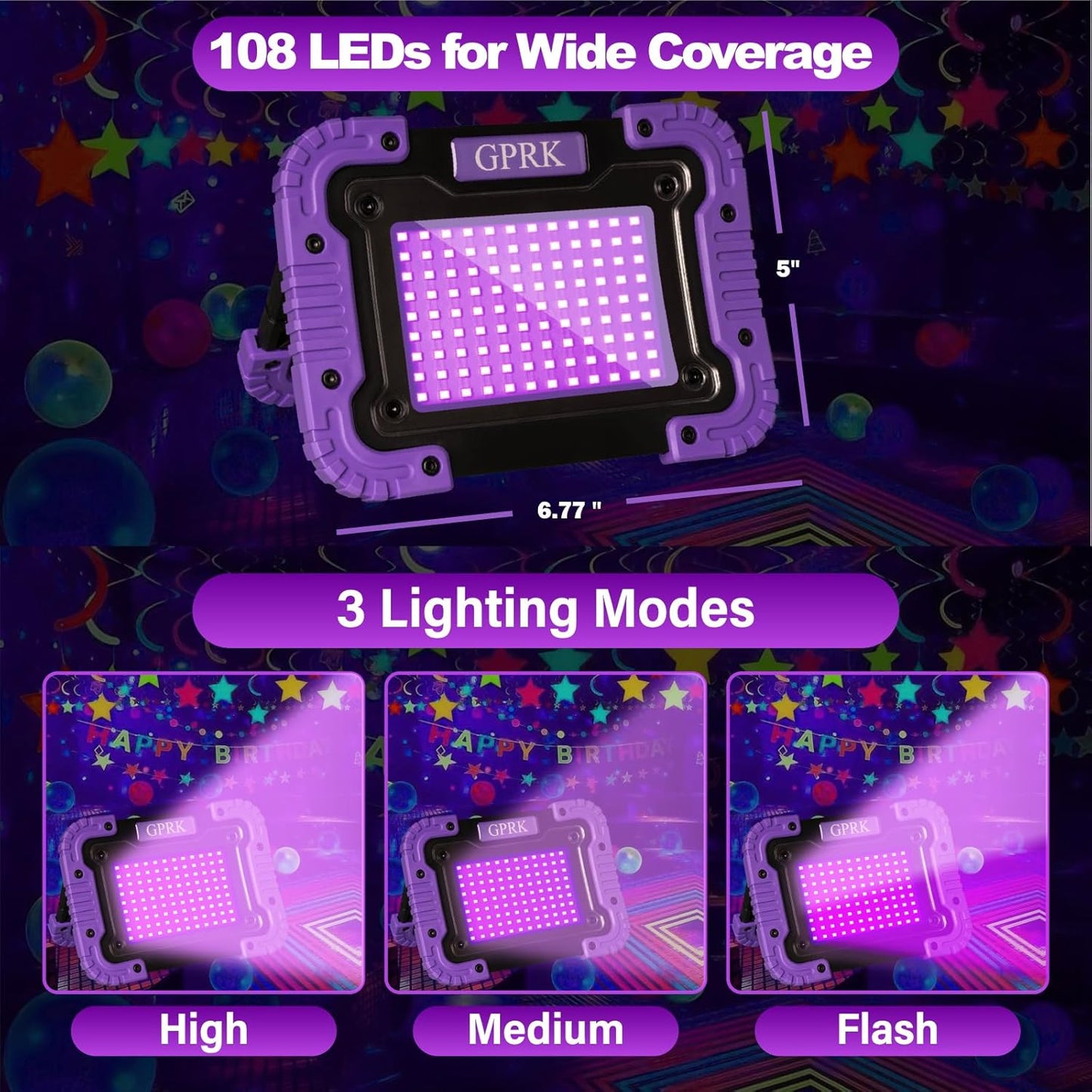 Rechargeable Black Light - Battery-Powered UV Blacklight, Portable,Cordless 395nm Ultraviolet Flood Light for Glow Parties, Night Fishing, UV Paints, Halloween
