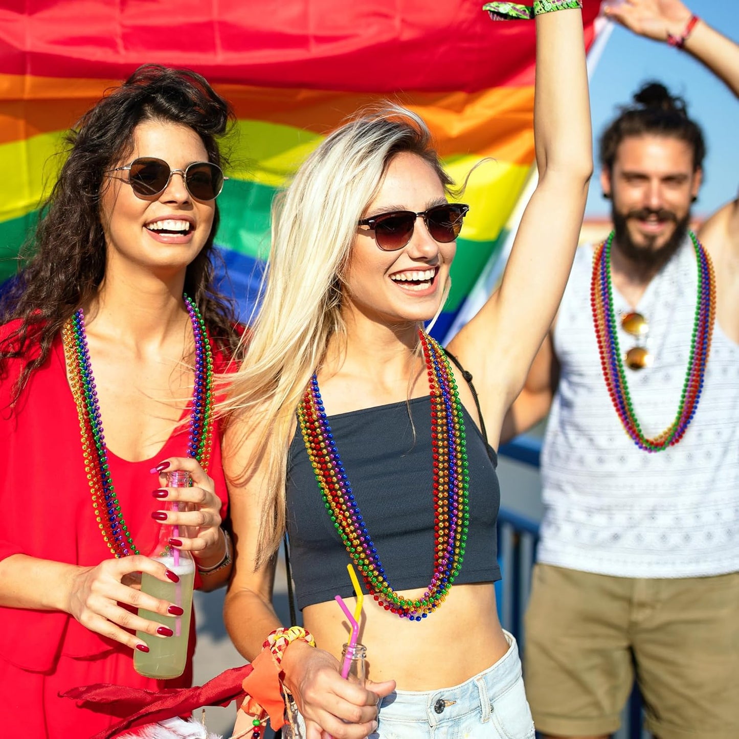 Pride Necklace Accessories, 30PCS LGBTQ Beads Necklaces, 6 Kinds Metallic Rainbow Beads Bulk, Round LGBTQ Pride Stuff for Gay Lesbian, Costumes Decor for Parade Throws Party Favors