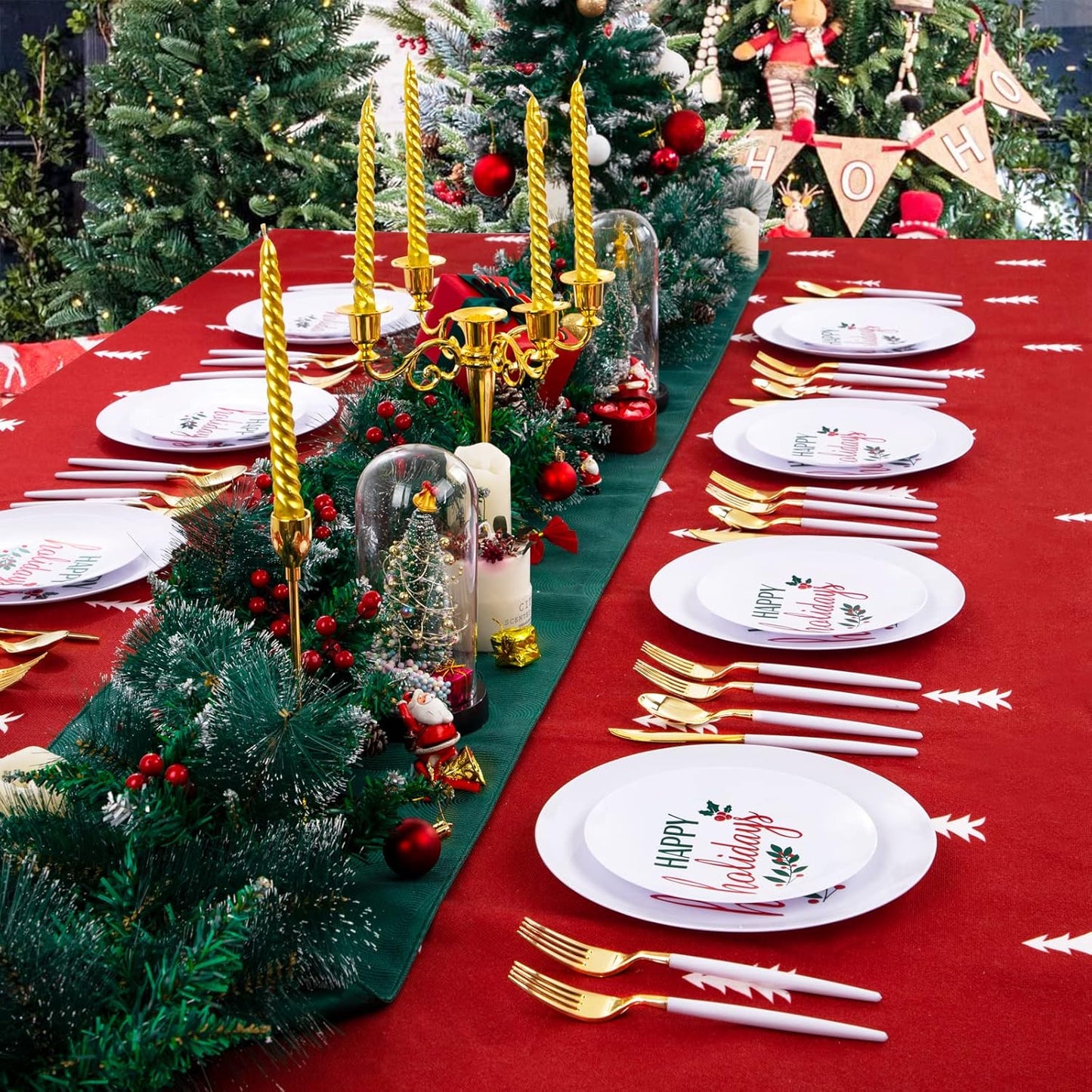 Supernal 150pcs Christmas Plastic Dinnerware with Holiday Plastic Plates,White and Gold Disposable Silverware, Christmas Plates with "Happy Holiday"