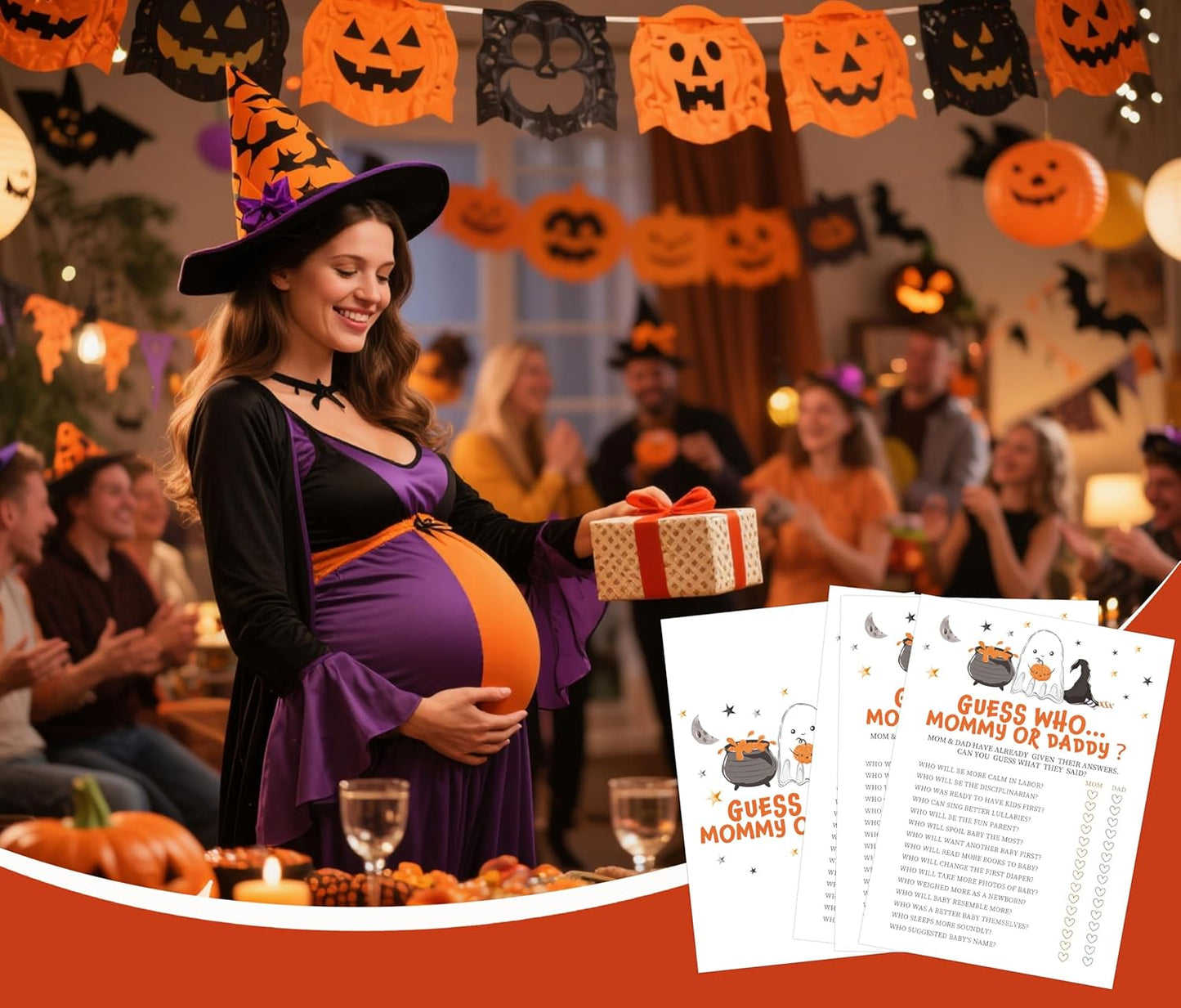 Halloween Mommy or Daddy Baby Shower Game, 30 Halloween Gender Reveal Games for Guests, 5x7 inch, Perfect for Neutral Gender Reveal Decorations Party Favors Supplies
