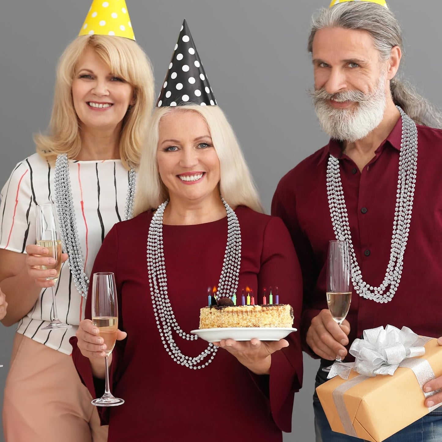 200PCS Mardi Gras Necklaces, 33" Silver Beads, Parade Party Bulk for Christmas, Pirate, Baby Shower, Wedding, Birthday Party Favors Supplies Decor