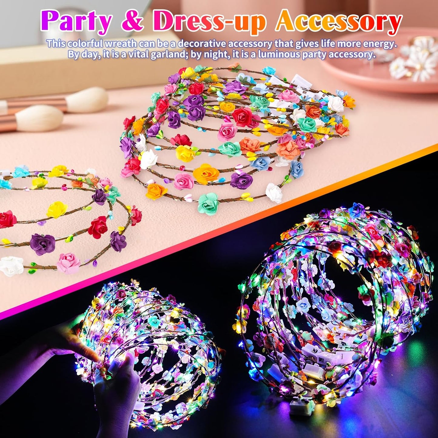100 PCS LED Flower Crowns Headbands, Light Up Flower Crowns For Women, Glow in the Dark Headband for Wedding Reception Birthday Christmas Mardi Gras Cosplay Princess Party Favors