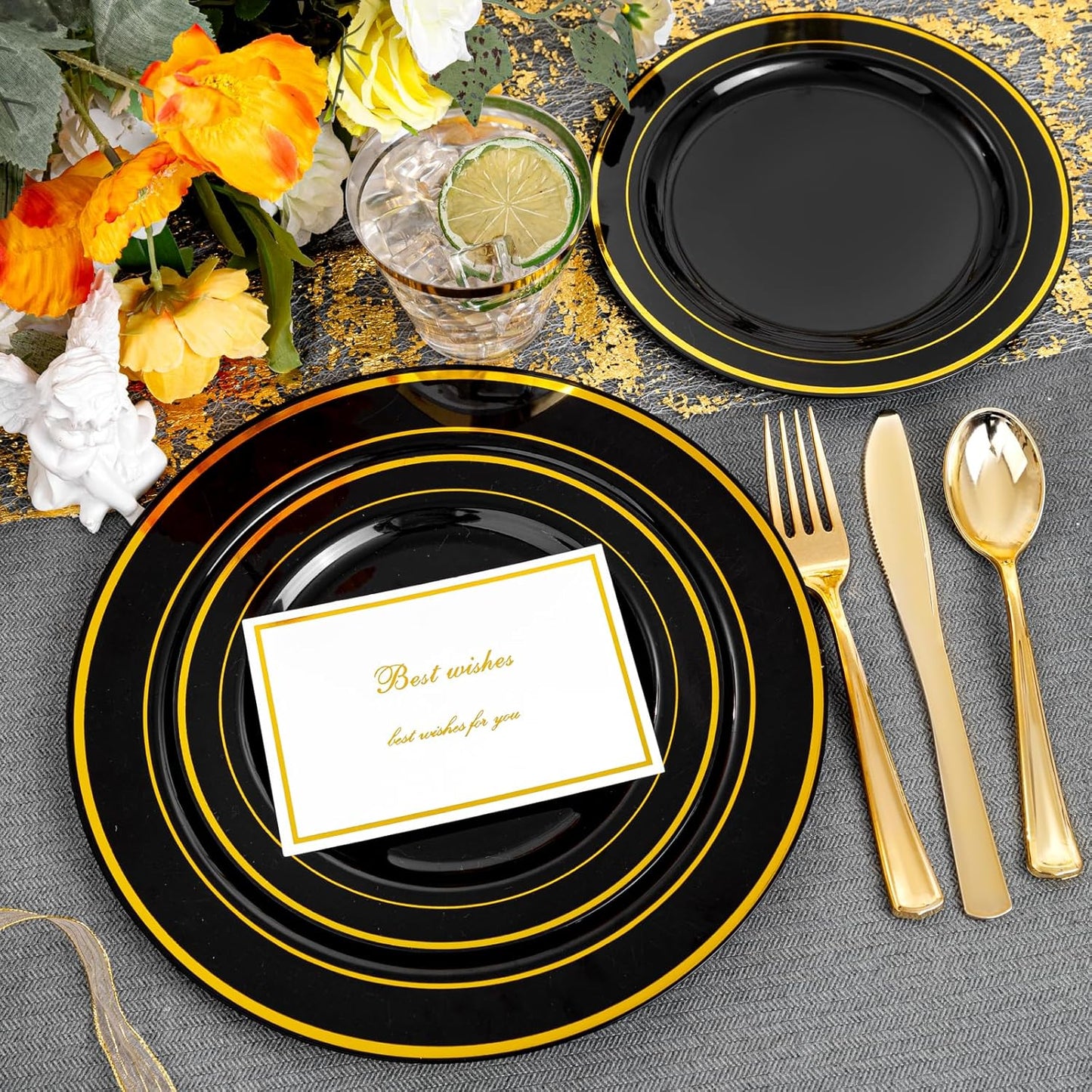 bUCLA 150 Pieces Black and Gold Disposable Dinnerware Set - 25 Guests Black Gold Plastic Plates Include 25 Dinner & 25 Dessert Plates, 25 Spoons, 25 Forks, 25 Knives, 25 Cups for Party & New Year