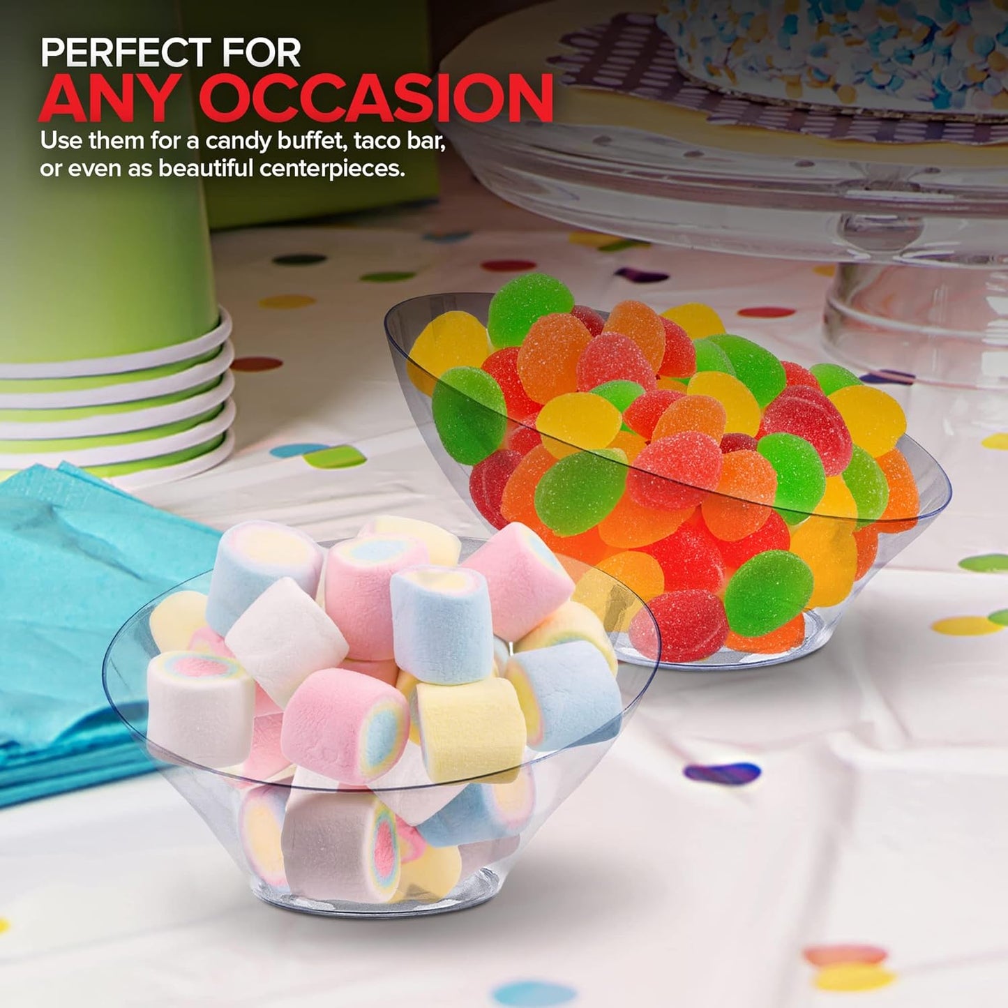 Multi-Pack Clear Plastic Serving Bowls (8 Pack) 4 x 6oz Small Disposable Candy Dishes, 4 x 20oz Medium Buffet Containers, Chips, Popcorn, Snacks, Salad Bar, Parties, Bridal Shower, Party Supplies