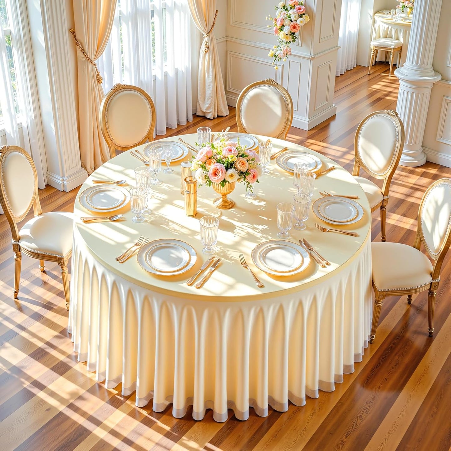 Champagne Tulle Round Tablecloth for 60 inch Tables, Spandex Fitted 5FT Champagne Round Table Covers with Tulle Tutu Skirt for Baby Shower Wedding Birthday Party Cake Banquet Table Decoration